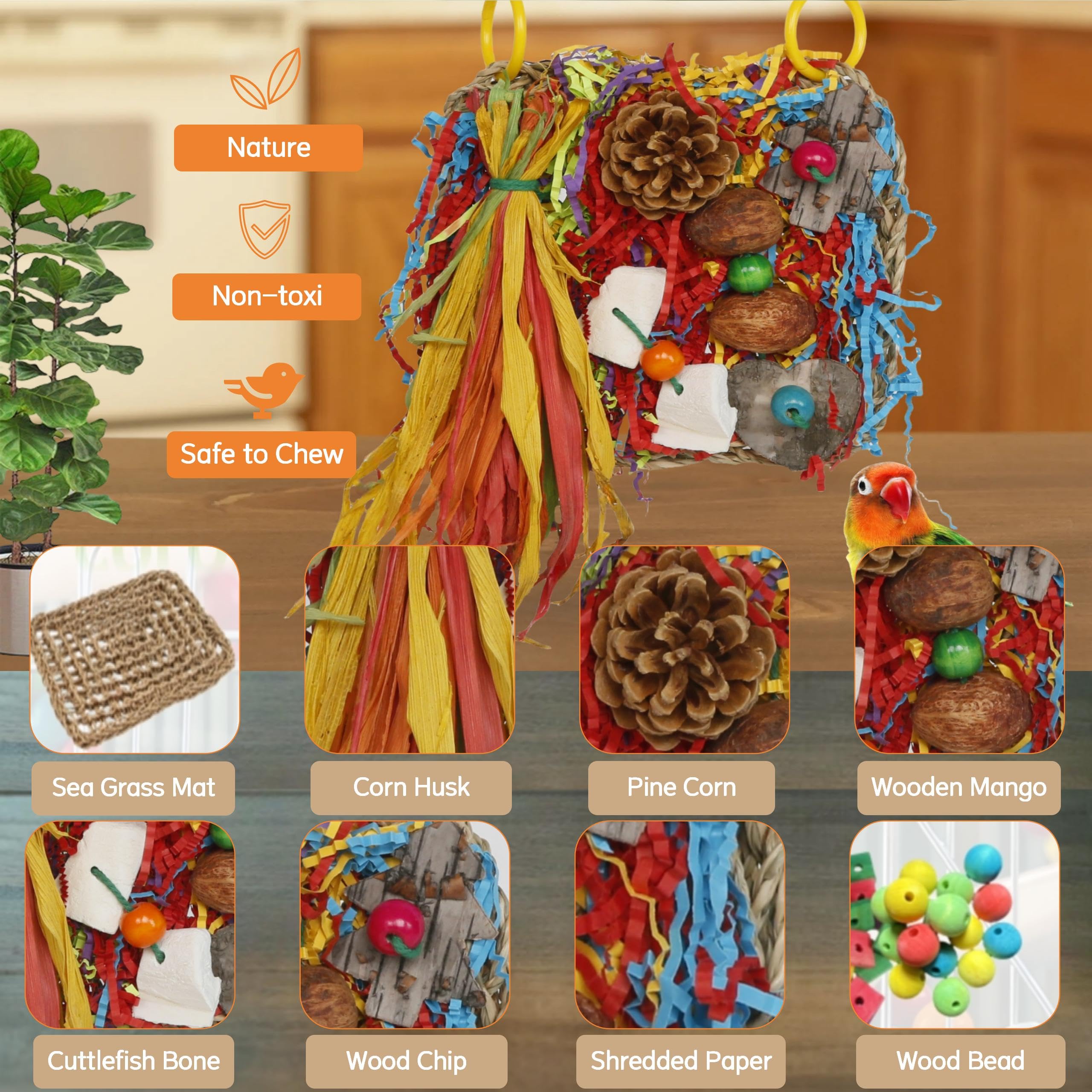 Cohyver Bird Toys, Parakeet Toys, Bird Grass Mat Conure Shredder Hanging Cockatiel Foraging Toys Parrot Climbing Wall Lovebird C