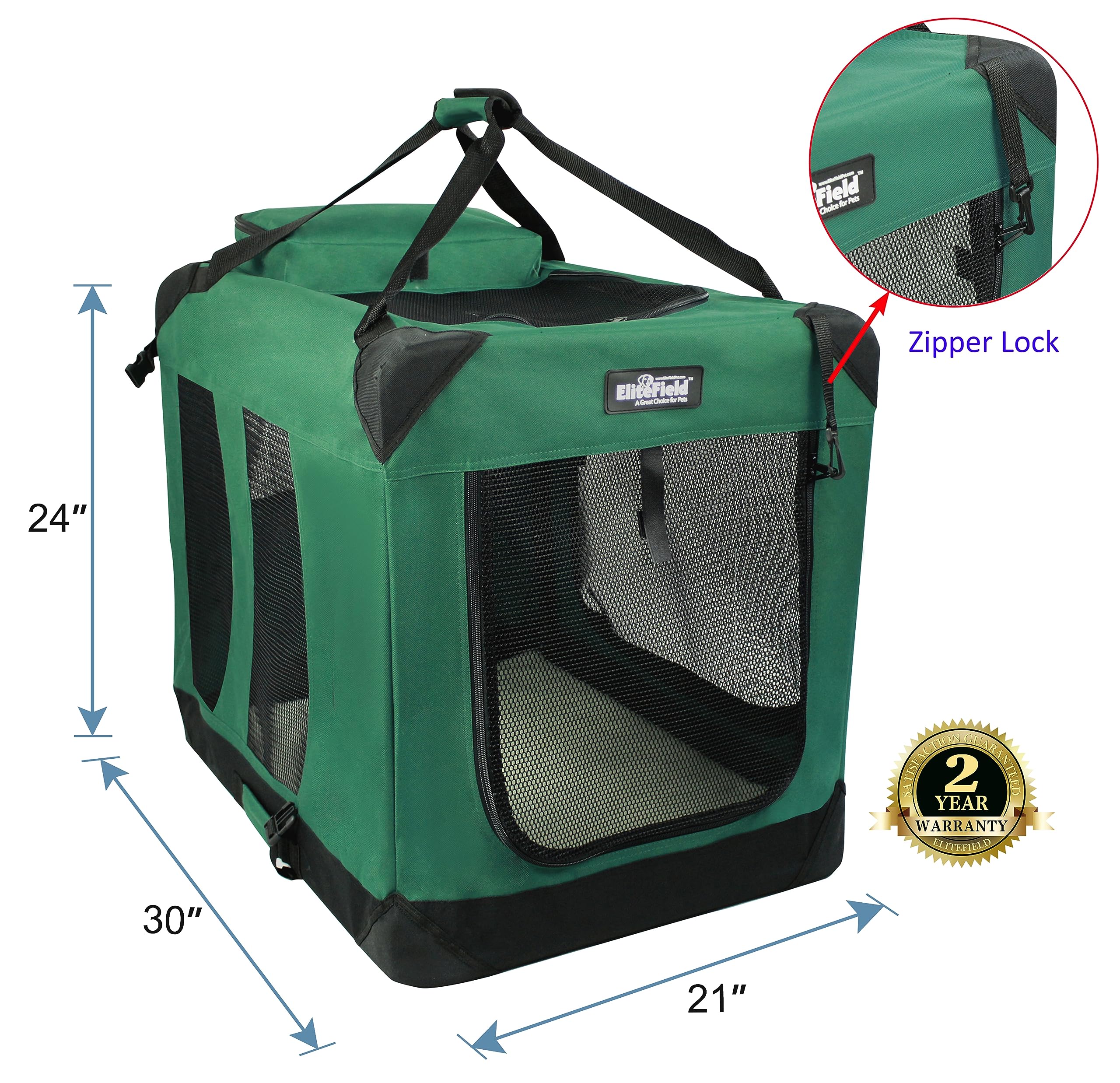 Elitefield 3-Door Folding Soft Dog Crate With Carrying Bag And Fleece Bed (2 Year Warranty), Indoor & Outdoor Pet Home (30' L X 21' W X 24' H, Green)