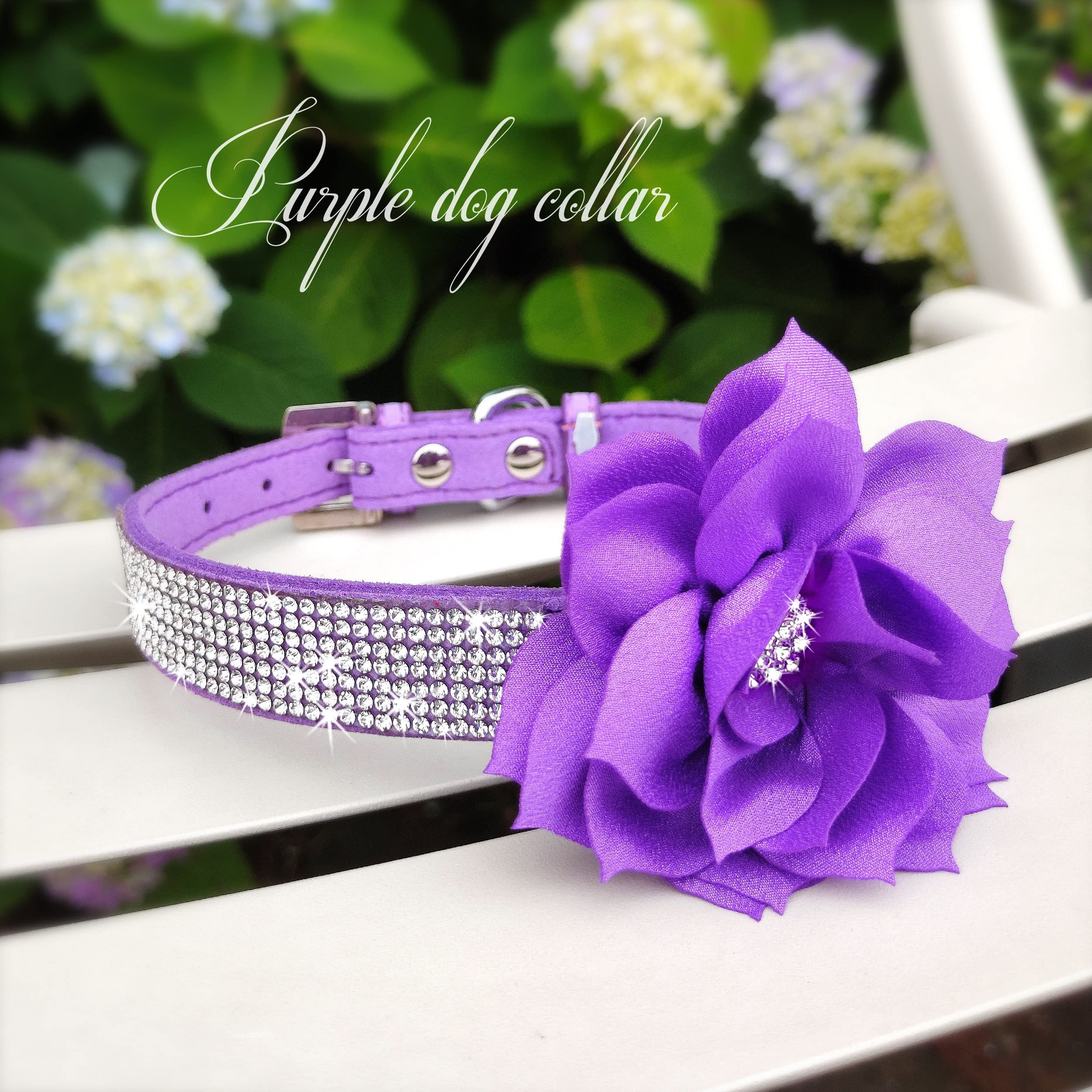 Pet Artist Cute Girl Rhinestone Suede Dog Collars For Small Dogs Cats,Soft Flower Dog Collar,Bling Dog Collars For Small Puppy Dogs Purple Collar, Xs:Neck 7.5-10'(19-25Cm)
