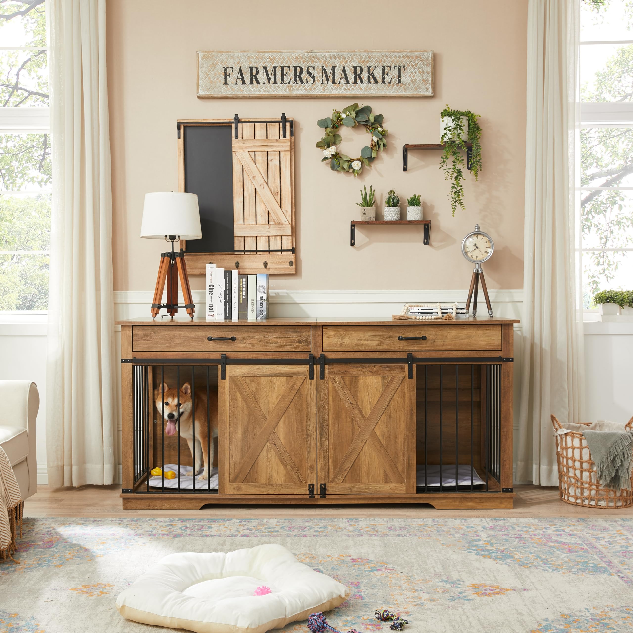 KACVON Dual Dog Kennel for 2 Medium Dogs, Rustic Oak Wooden Pet Crate, 72.5 Indoor Dog Cage & TV Stand, Extra Large with Removable Divider