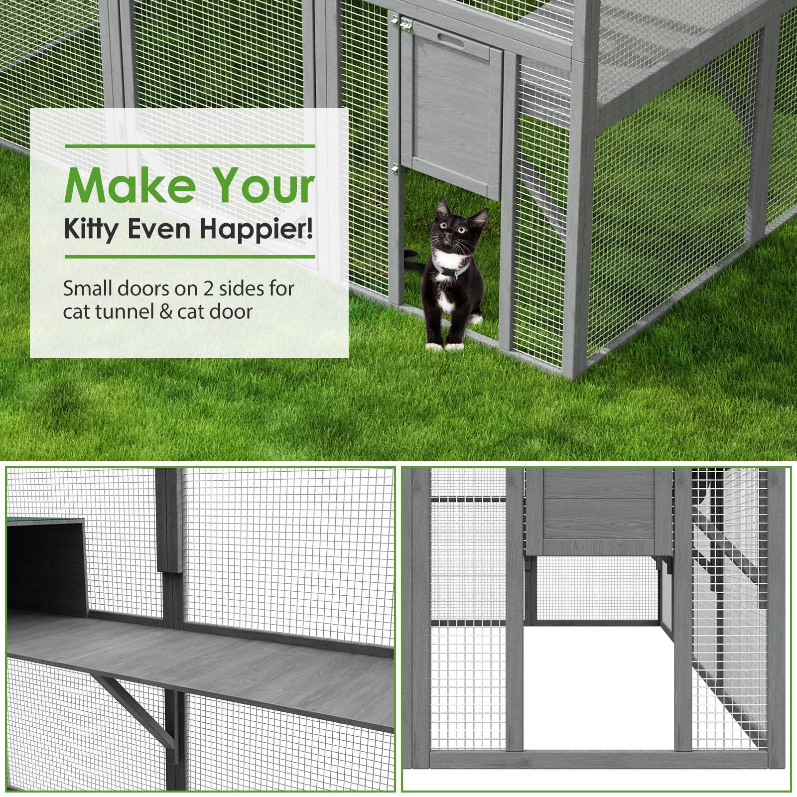 Lovinouse Large Wooden Outdoor Cat House, 57.2Ft Cat Run Enclosure Walk In Catio Kitten Condo With 2 Doors, 2 Playpen & Hiding H