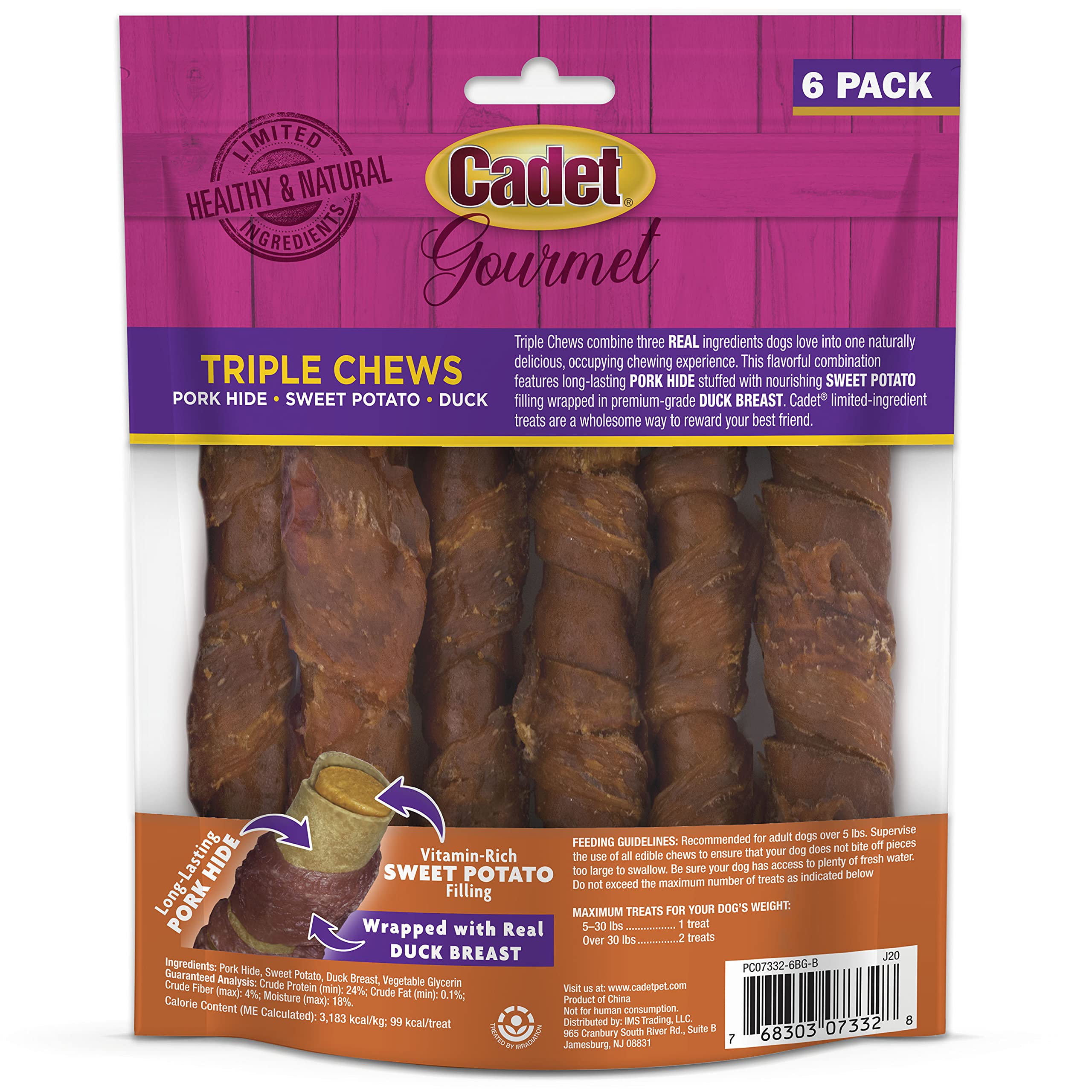 Cadet Gourmet Triple Chews Pork Hide, Sweet Potato, & Duck Dog Treats - Healthy Dog Treats for Small & Large Dogs - Inspected &