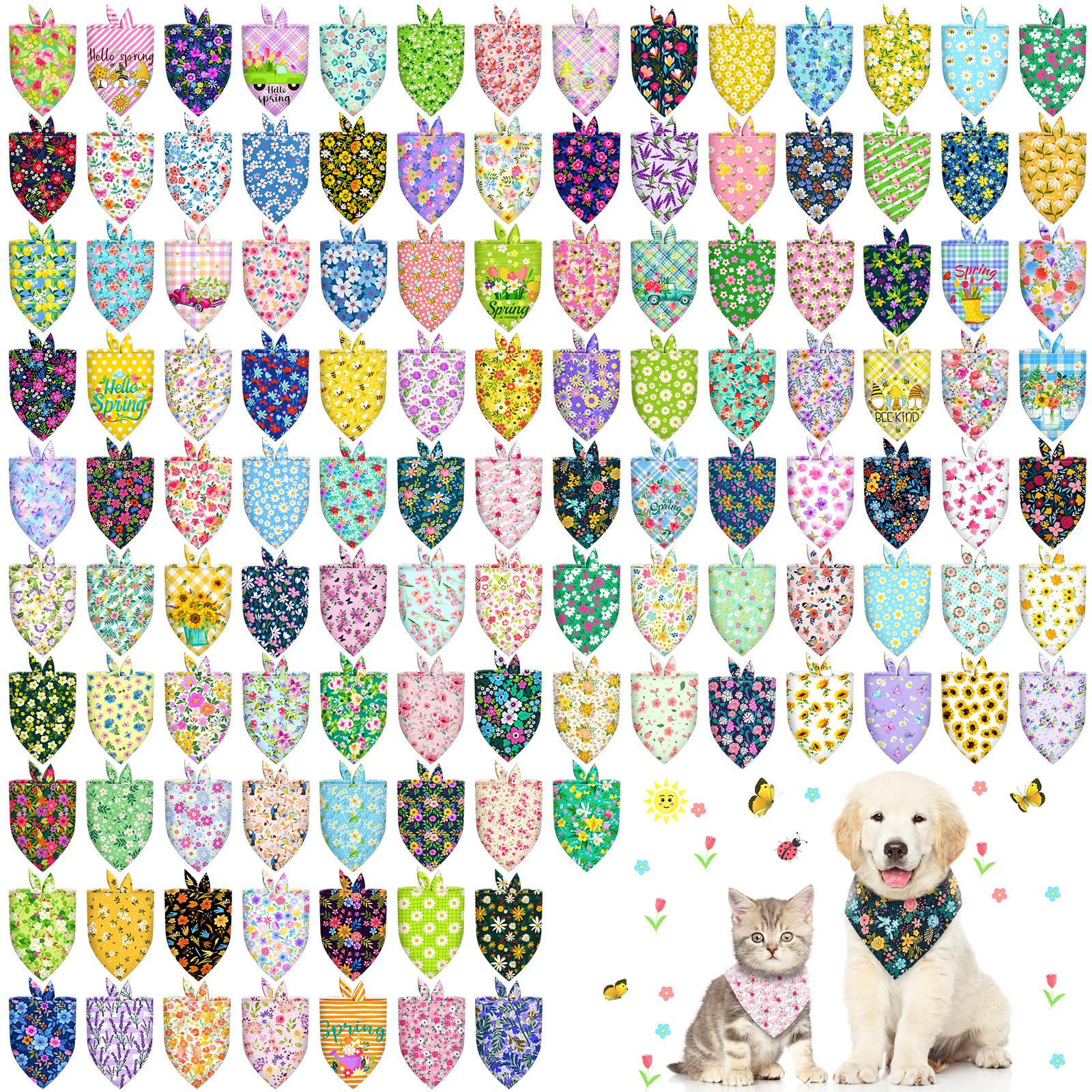 120 Pcs Spring Summer Dog Bandanas Bulk Adjustable Floral Puppy Scarves Pet Bandana Washable Flower Puppy Grooming Bandana For M