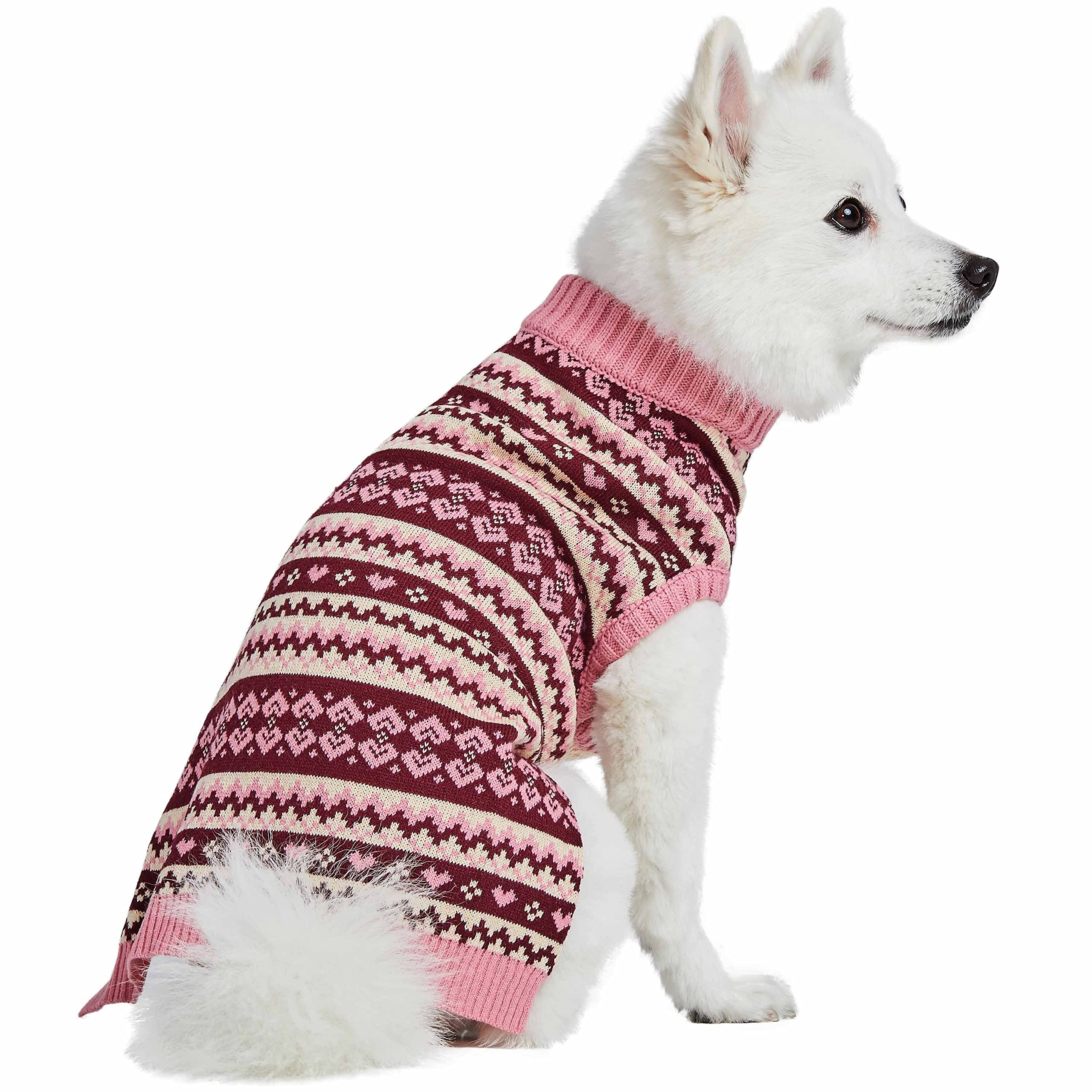 Blueberry Pet Heart Designer Everyday Turtleneck Fair Isle Fall Winter Pullover Dog Sweater In Pink, Back Length 20', Warm Clothes For Large Dogs