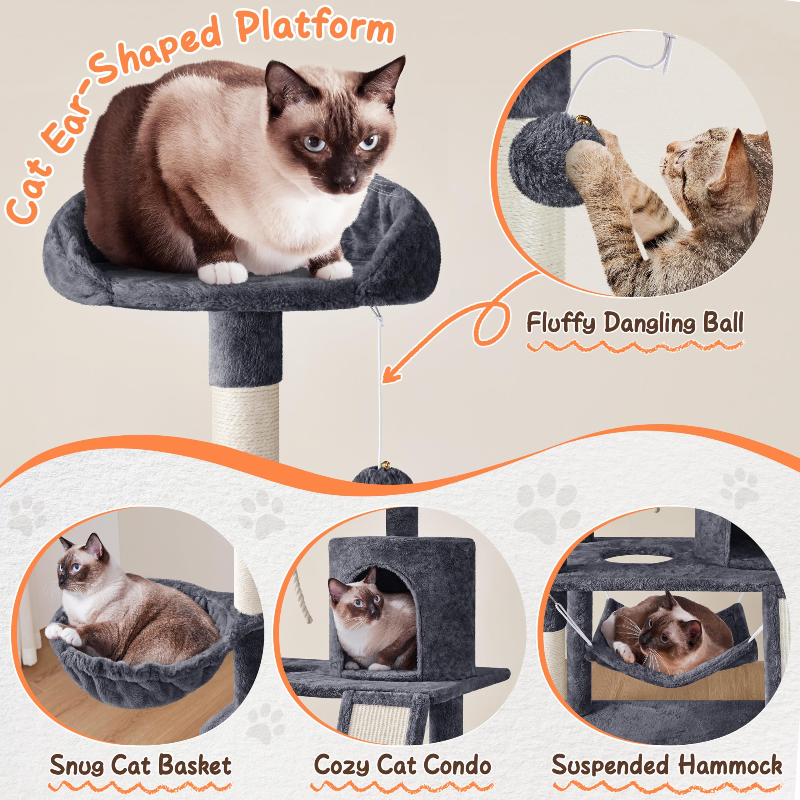 Yaheetech 63.5In Multi-Level Cat Tree Tower Condo With Scratching Posts, Platform & Hammock, Cat Activity Center Play Furniture