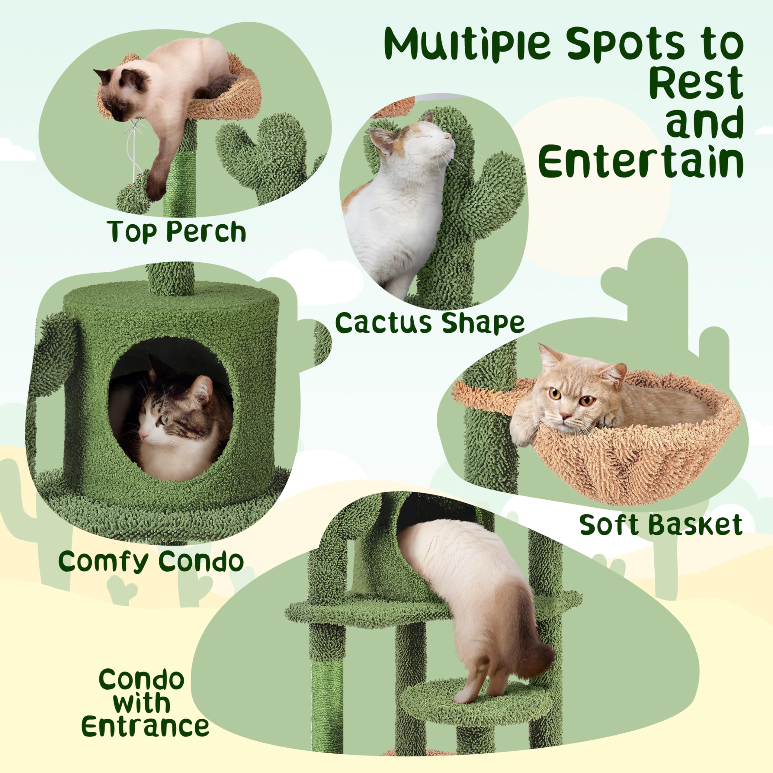Yaheetech Cactus Cat Tree, 53.5In Cat Tower For Indoor Cats With Sisal Covered Scratching Post, Condo, Plush Perches And Fluffy