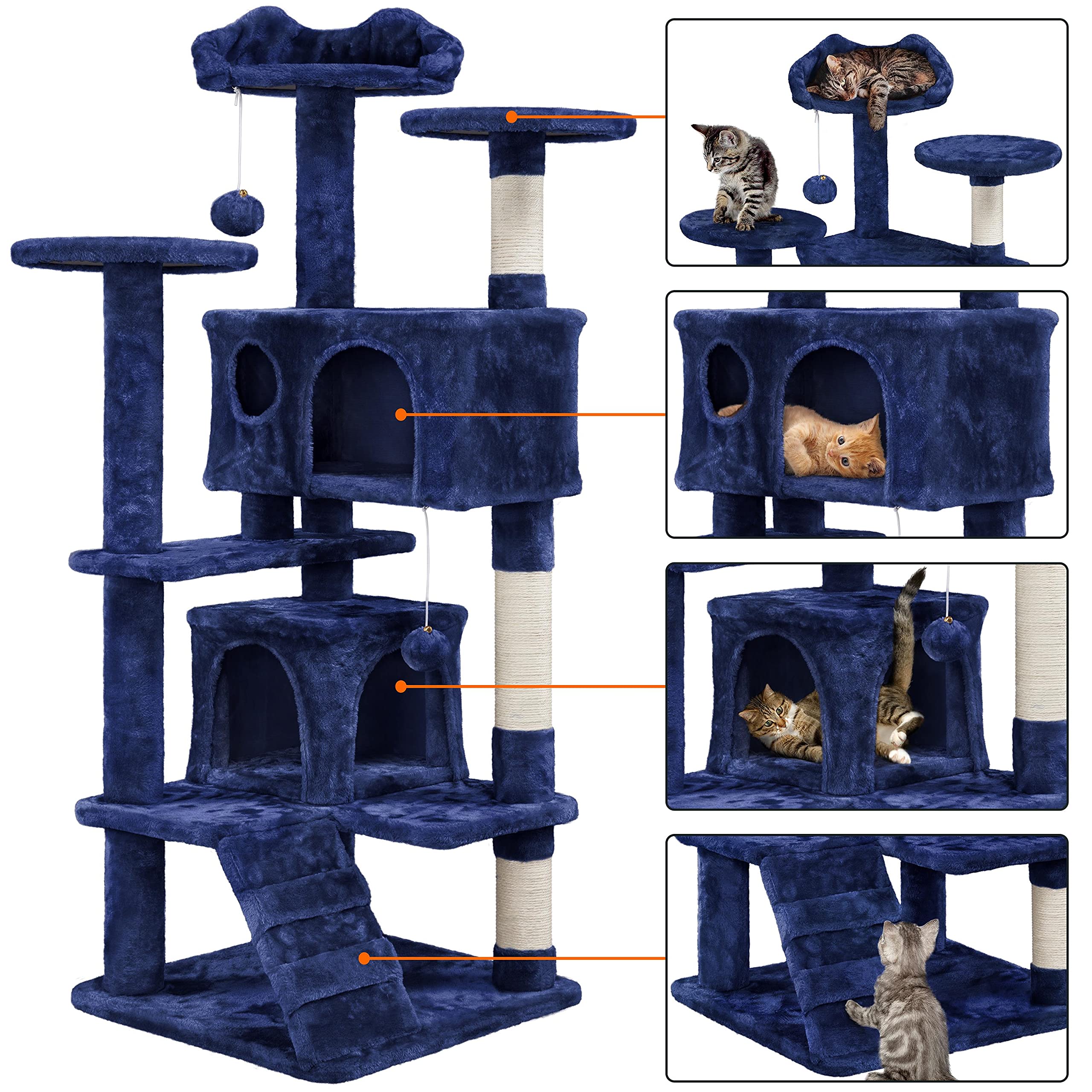 Topeakmart 54In Cat Tree, Cat Tower W/Large Cat Condo Scratching Posts And Perch, Cat Stand House Furniture, Navy Blue