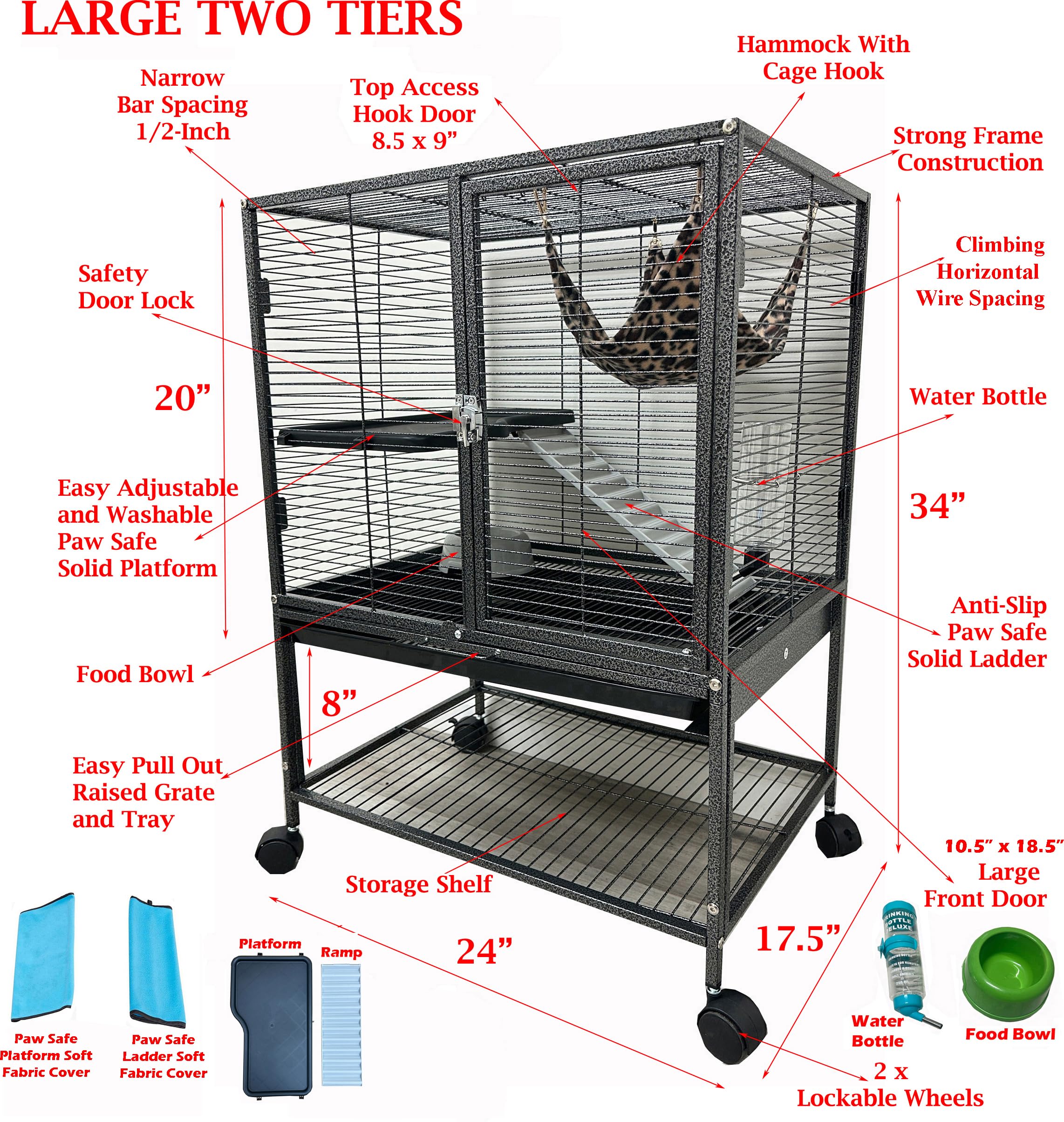 Two Tiers 2-Levels Ferret Hammock Chinchilla Guinea Pig Rabbit Mouse Rats Small Animal Critter Home Rolling Cage Tight 1/2-inch