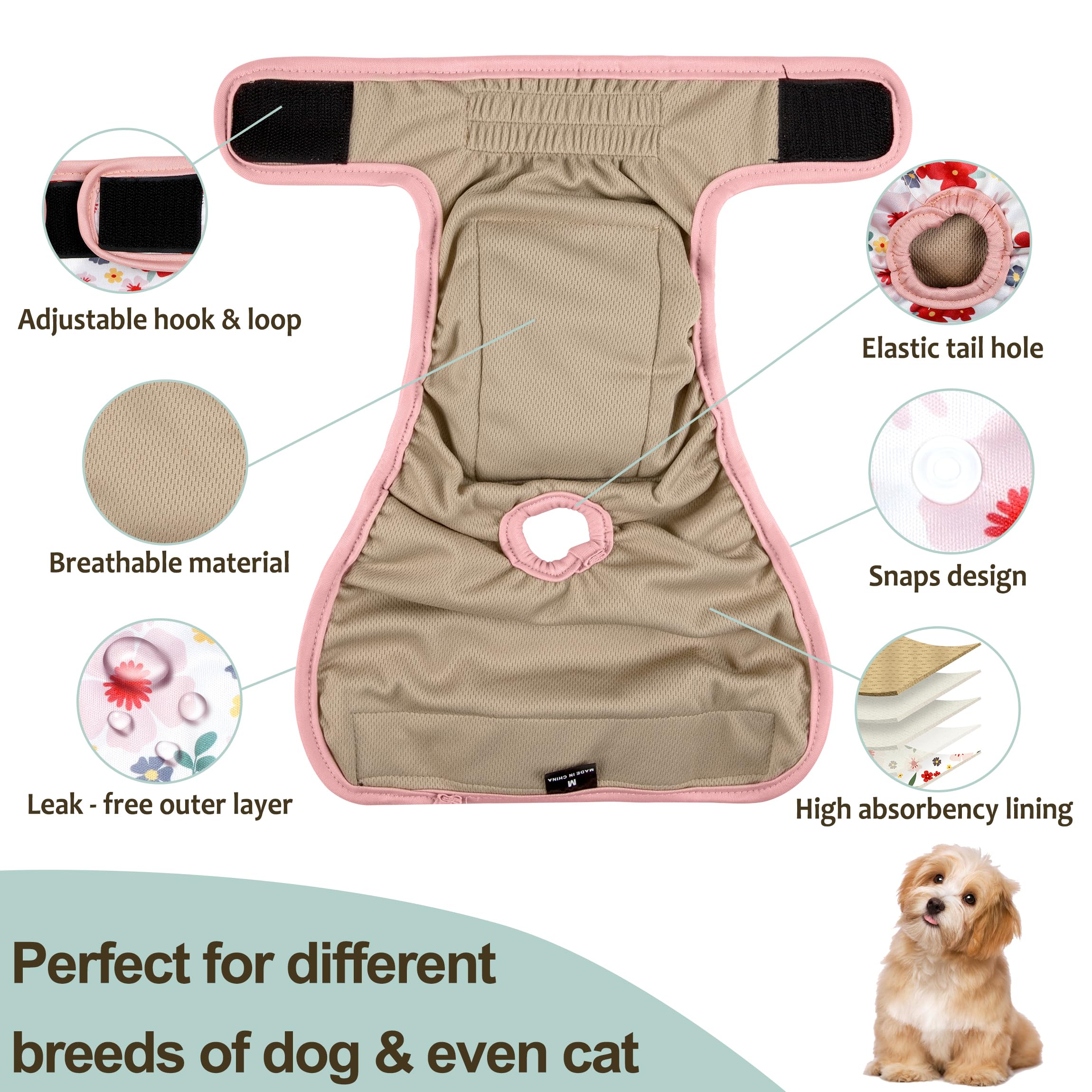 Grecle Washable Female Dog Diapers (3 Pack) - No Leak Reusable Diapers For Doggy Female In Period - Highly Absorbent Dog Heat Panties With Adjustable Snaps S