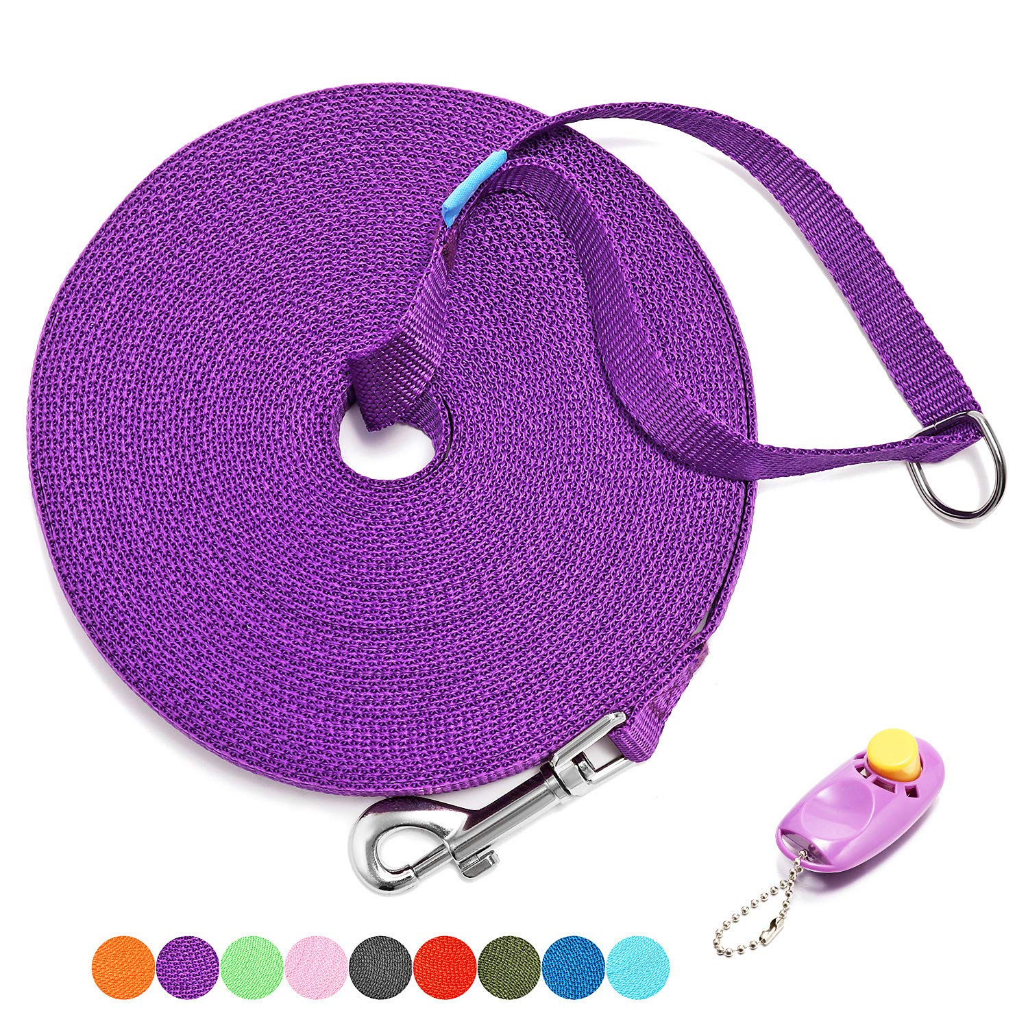 Baapet 15 Ft 20 Ft 30 Ft 50 Ft 100 Ft Long Dog Training Leash For Dog Training, Play, Camping, Or Backyard Lead With Training Clickers For Small, Medium And Large Dogs Or Cats (20 Feet, Purple)