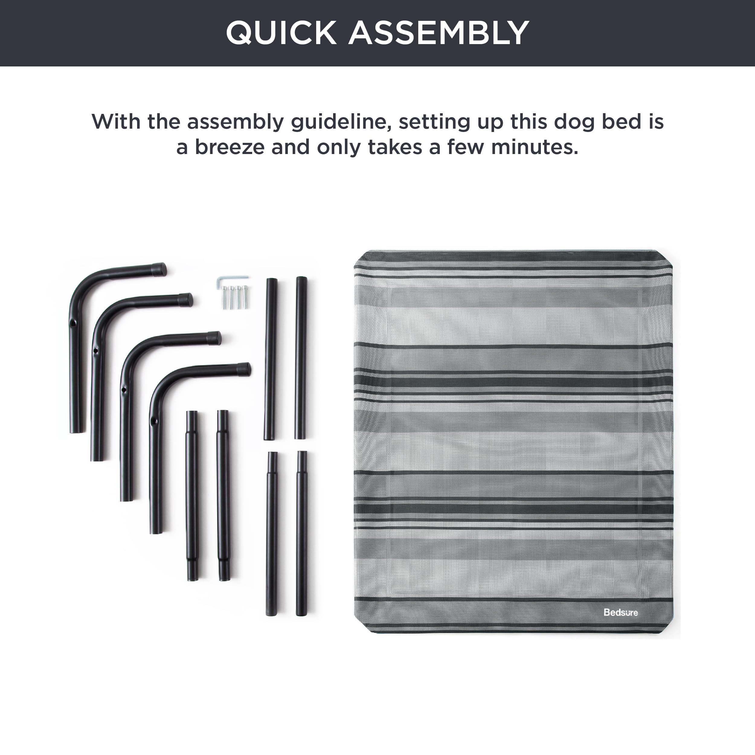 Bedsure Large Elevated Cooling Outdoor Dog Bed - Raised Dog Cots Beds For Large Dogs, Portable Indoor & Outdoor Pet Hammock Bed With Skid-Resistant Feet, Breathable Mesh, Striped Grey, 49 Inches