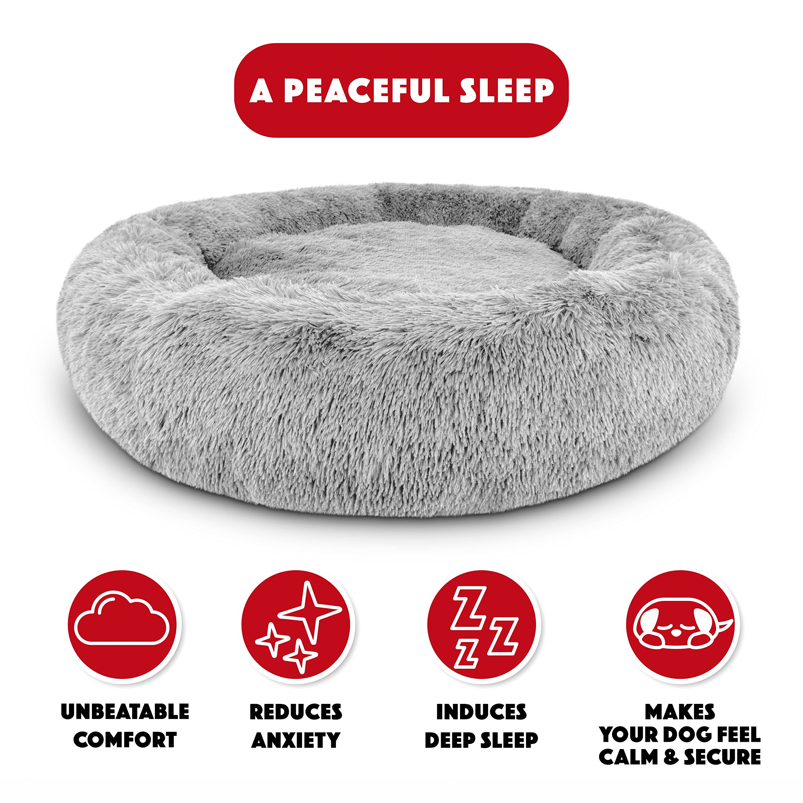 The Dog's Balls Donut Dog Bed, XXL 54x54" Silver Grey Fur, Removable Cover, Veterinary Approved Calming Nest