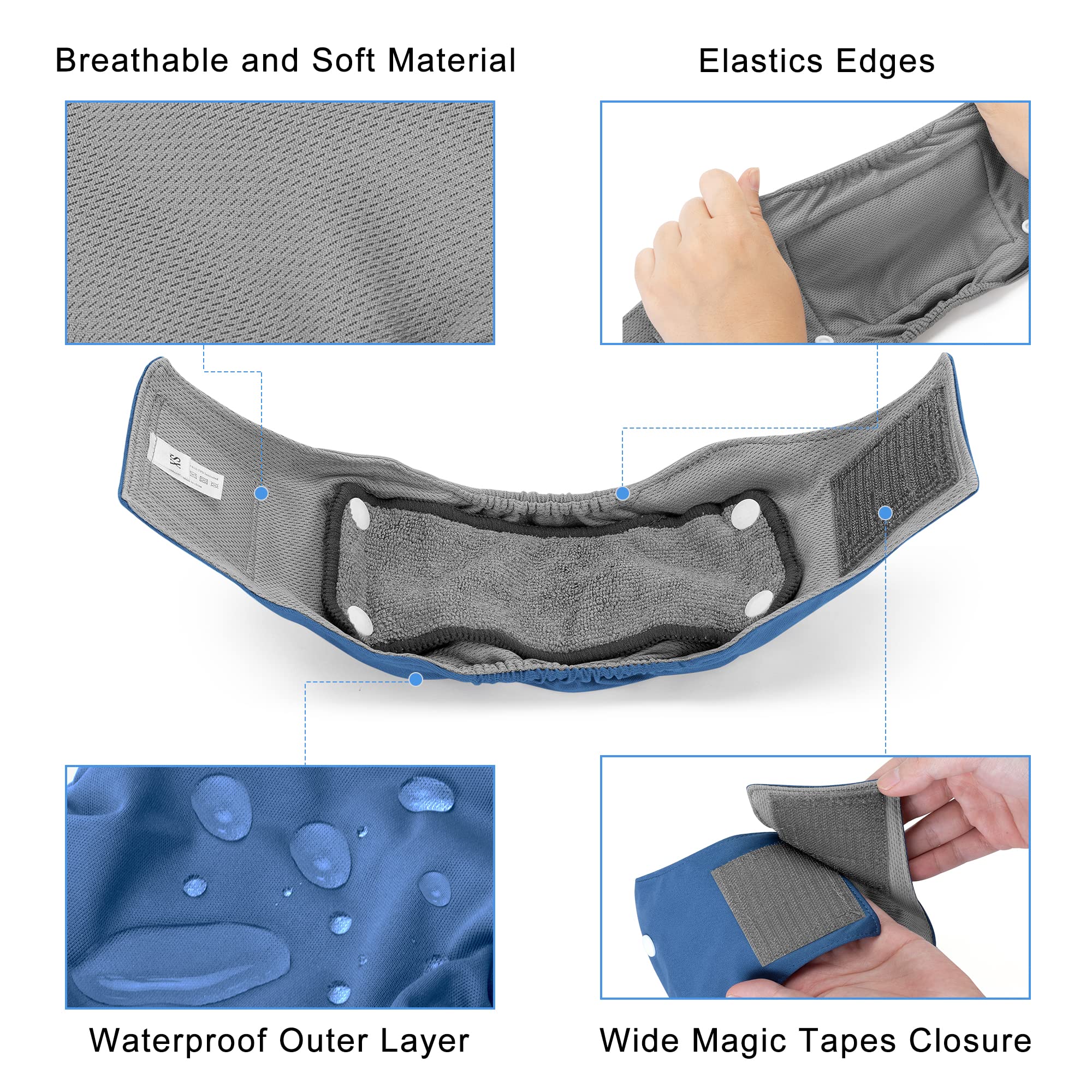 Teamoy Belly Bands For Male Dogs With Removable Pads, Reusable Washable Puppy Dog Diaper Wraps With Gray Lining(Pack Of 3),Xs