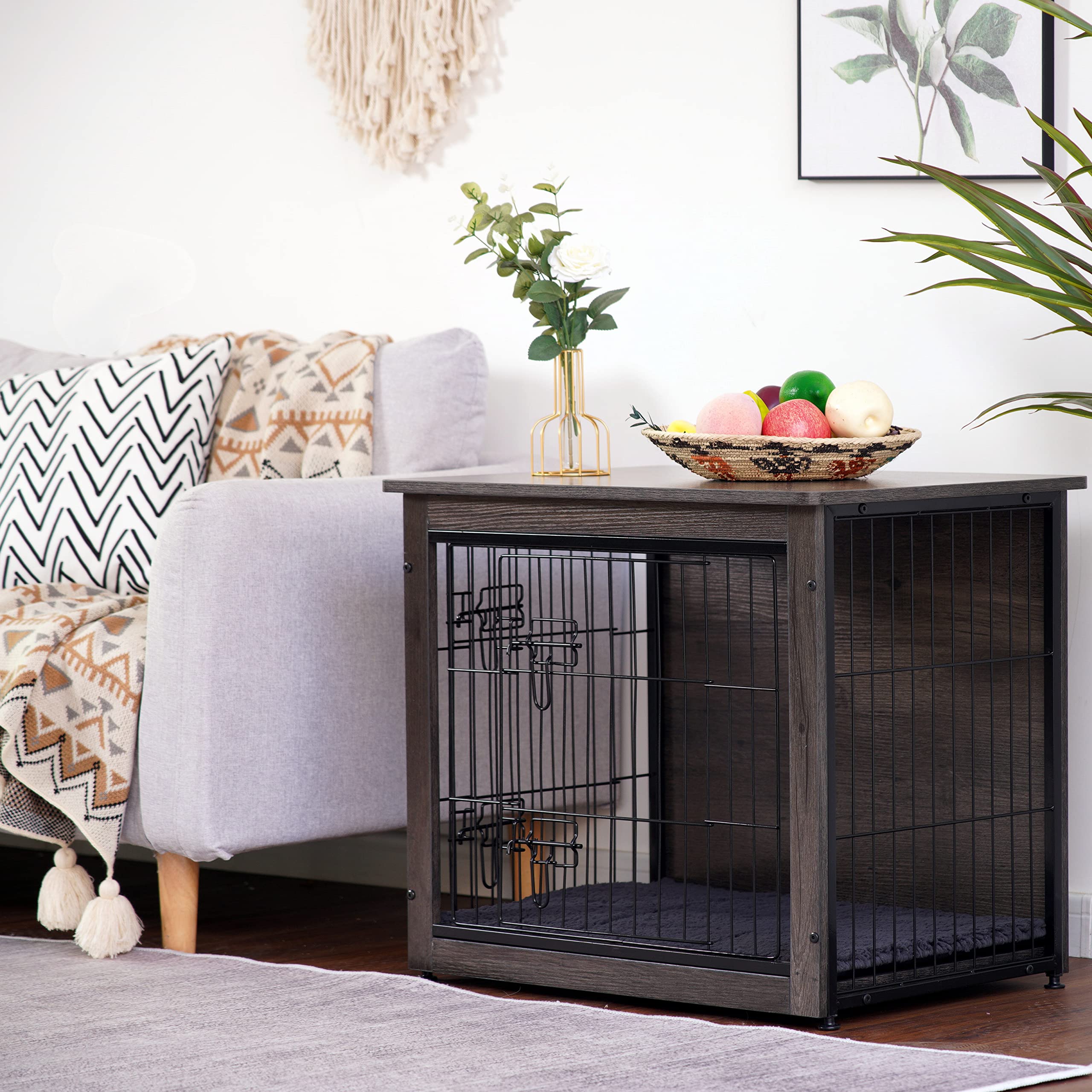 Dwanton Dog Crate Furniture With Cushion, Wooden Crate With Double Doors, Dog Kennel Indoor For Small/Medium/Large Dog, End Table, Small, 27.2' L, Dark Grey