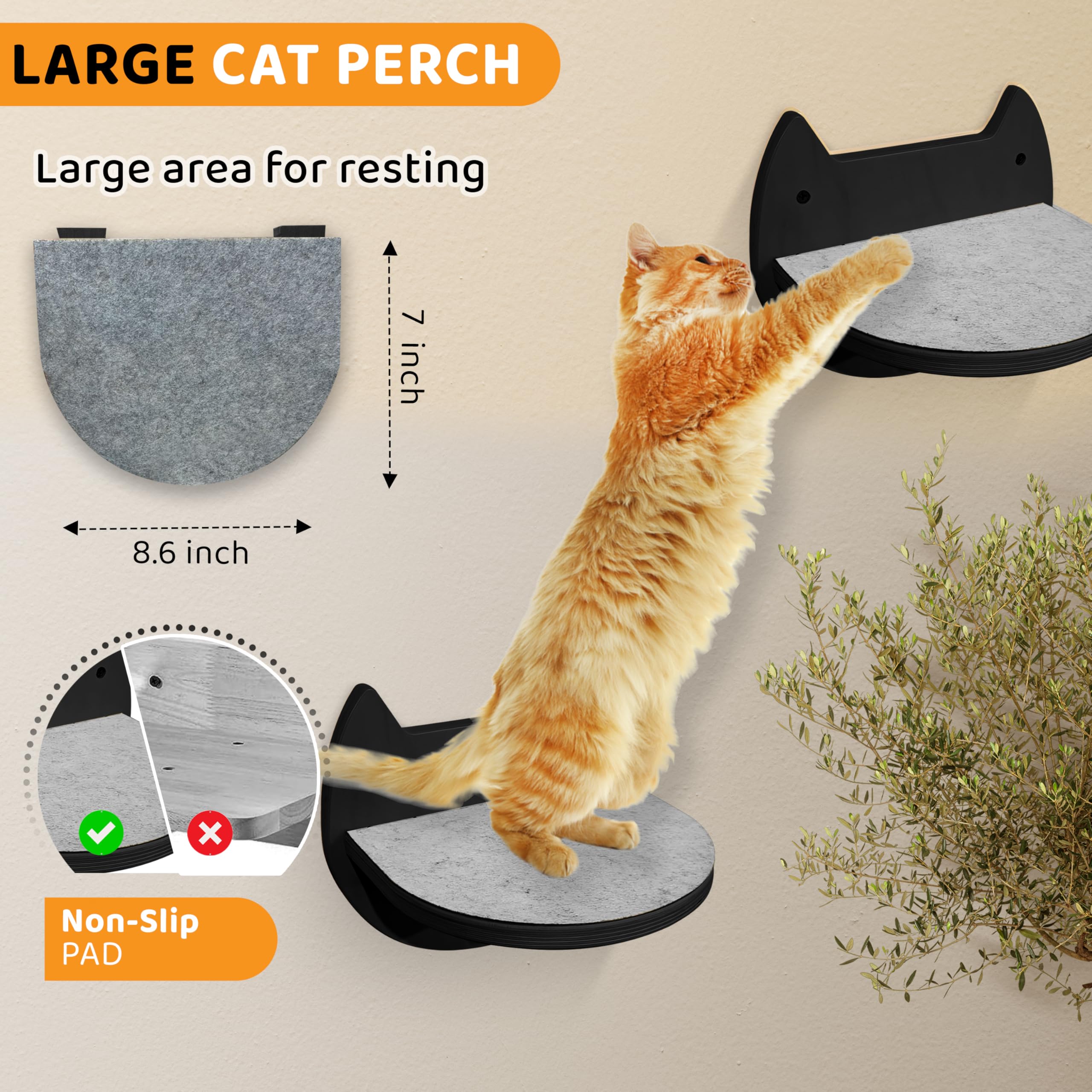 BUOGA Cat Wall Shelves with 3 Steps - Modern Mounted Cat Wall Furniture & Shelf, Premium Hardwood Bed for Climbing, Sleeping & L