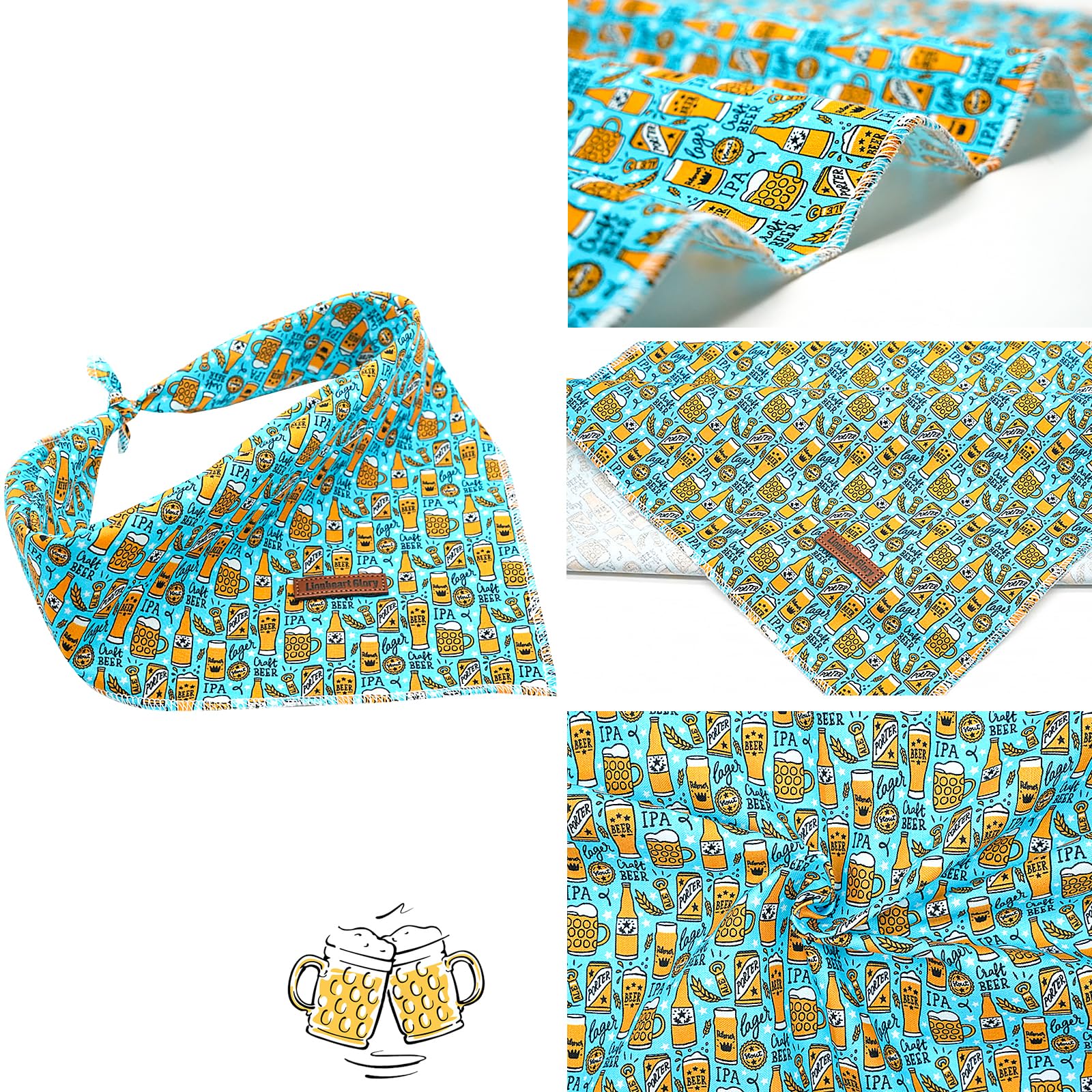 Lionheart Glory Dog Bandana 1 Pack Washable Soft Blue Dog Scarf, Beer Print Boy Bandana Square Adjustable Dog Bandanas For Small