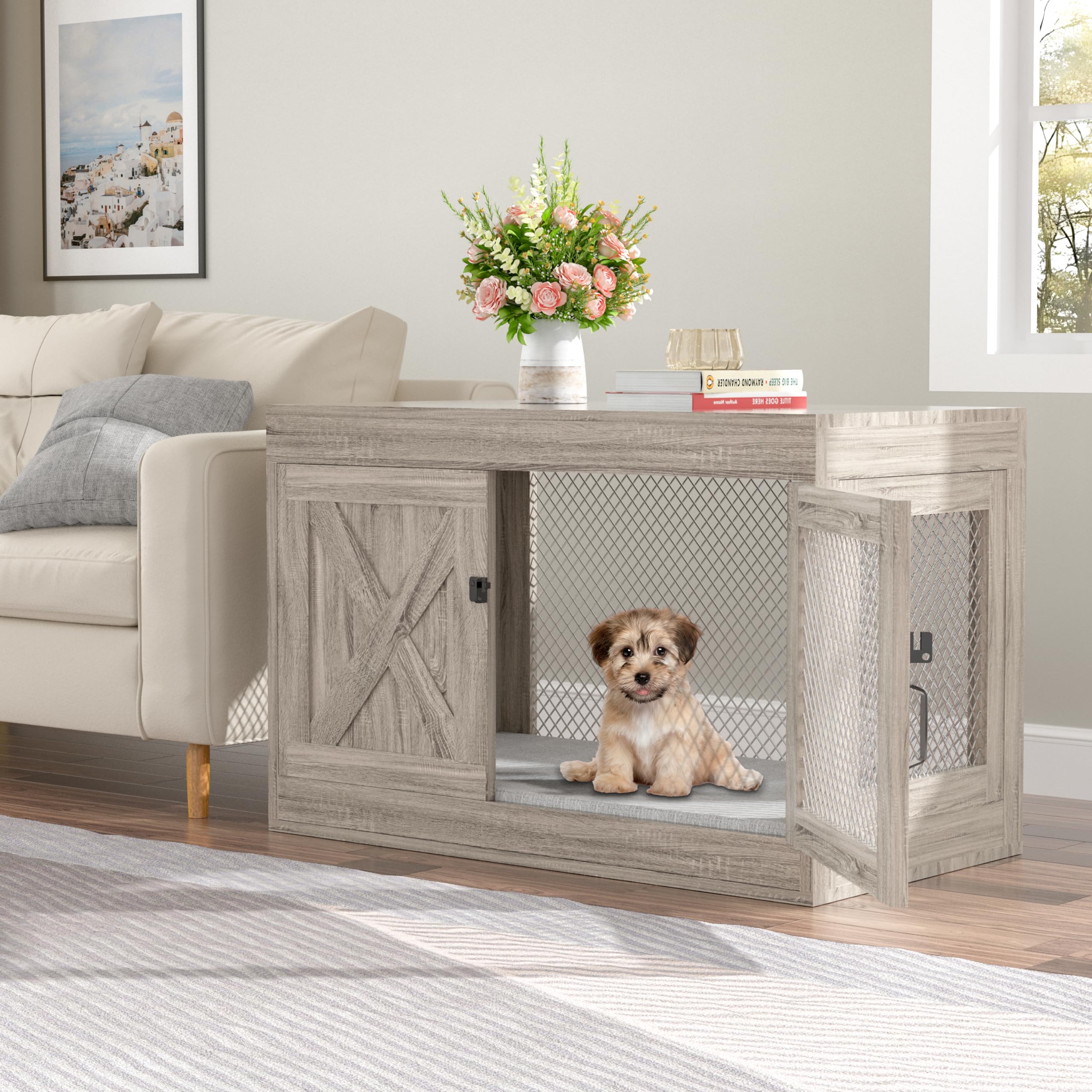 Xilingol Corner Dog Crate Furniture With Double Doors, 36 Inch Wooden Dog Kennel End Table Indoor With Mesh, Cage/House For Small Medium Large Dog, Decorative Pet Crate Indoor Use, Grey