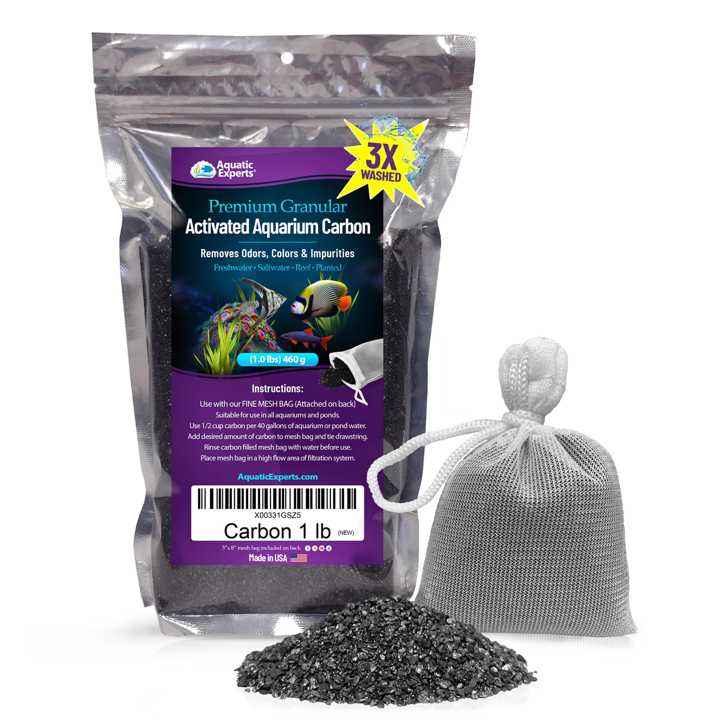 Premium Activated Carbon - Aquarium Carbon Media - Charcoal For Fish Tanks - Aquarium Filter Charcoal Media (Granulated, 1 Lbs With Fine Mesh Bag)