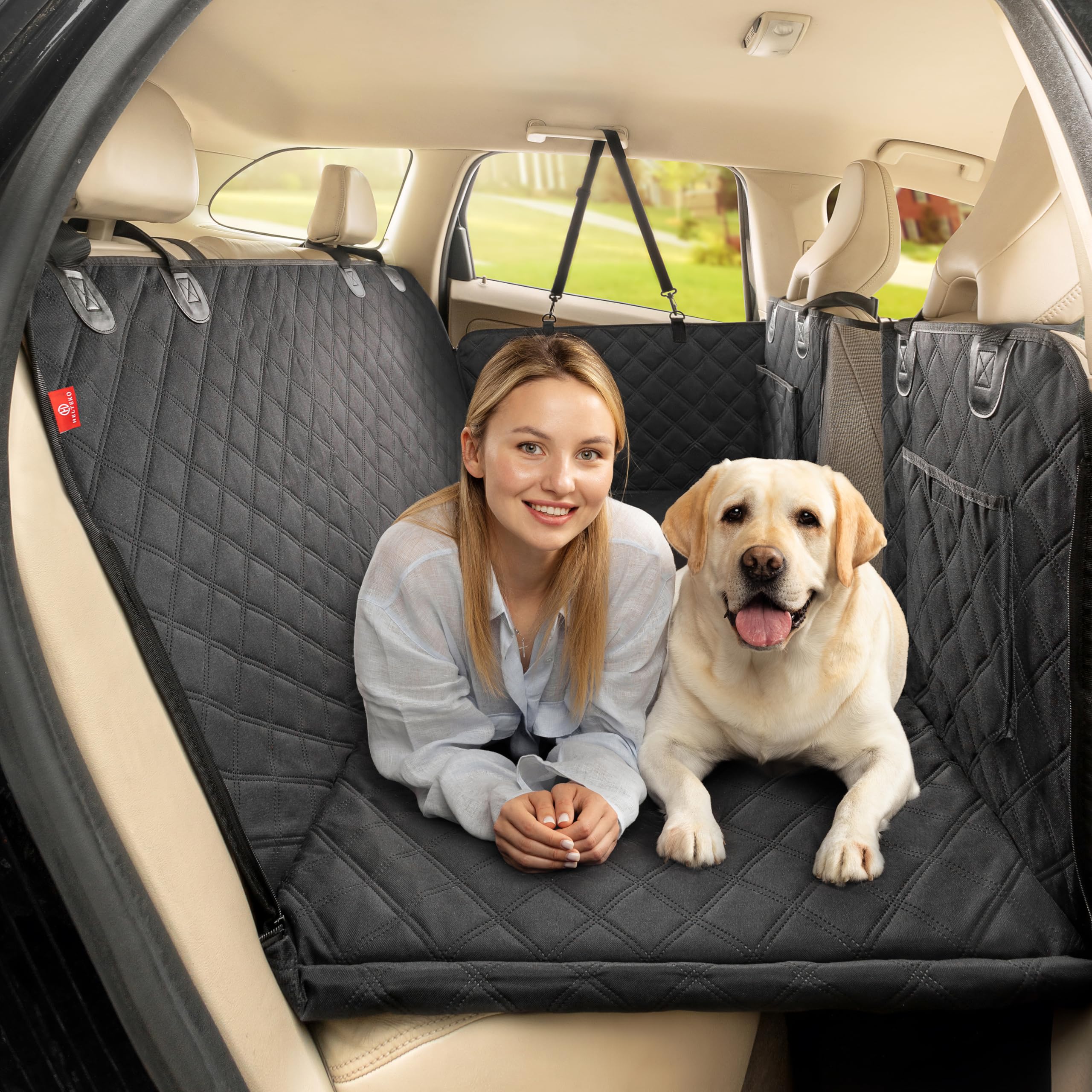 Helteko Back Seat Extender For Dogs - Premium Car Seat Cover With Hard Bottom Holds 400 Lbs, Waterproof Hammock For Pet (Black L