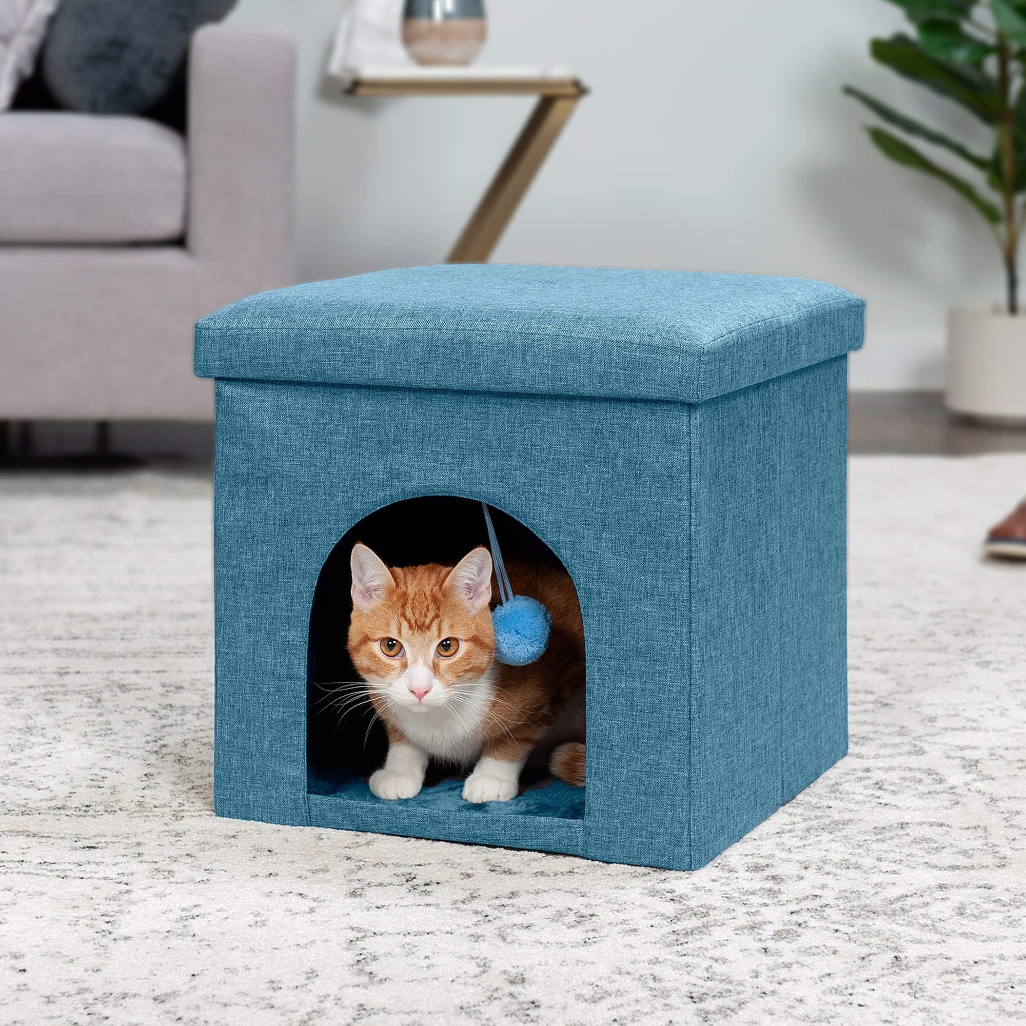 Furhaven Pet House for Indoor Cats & Small Dogs, Collapsible & Foldable w/ Plush Ball Toy - Living Room Footstool Cat Condo - Oc