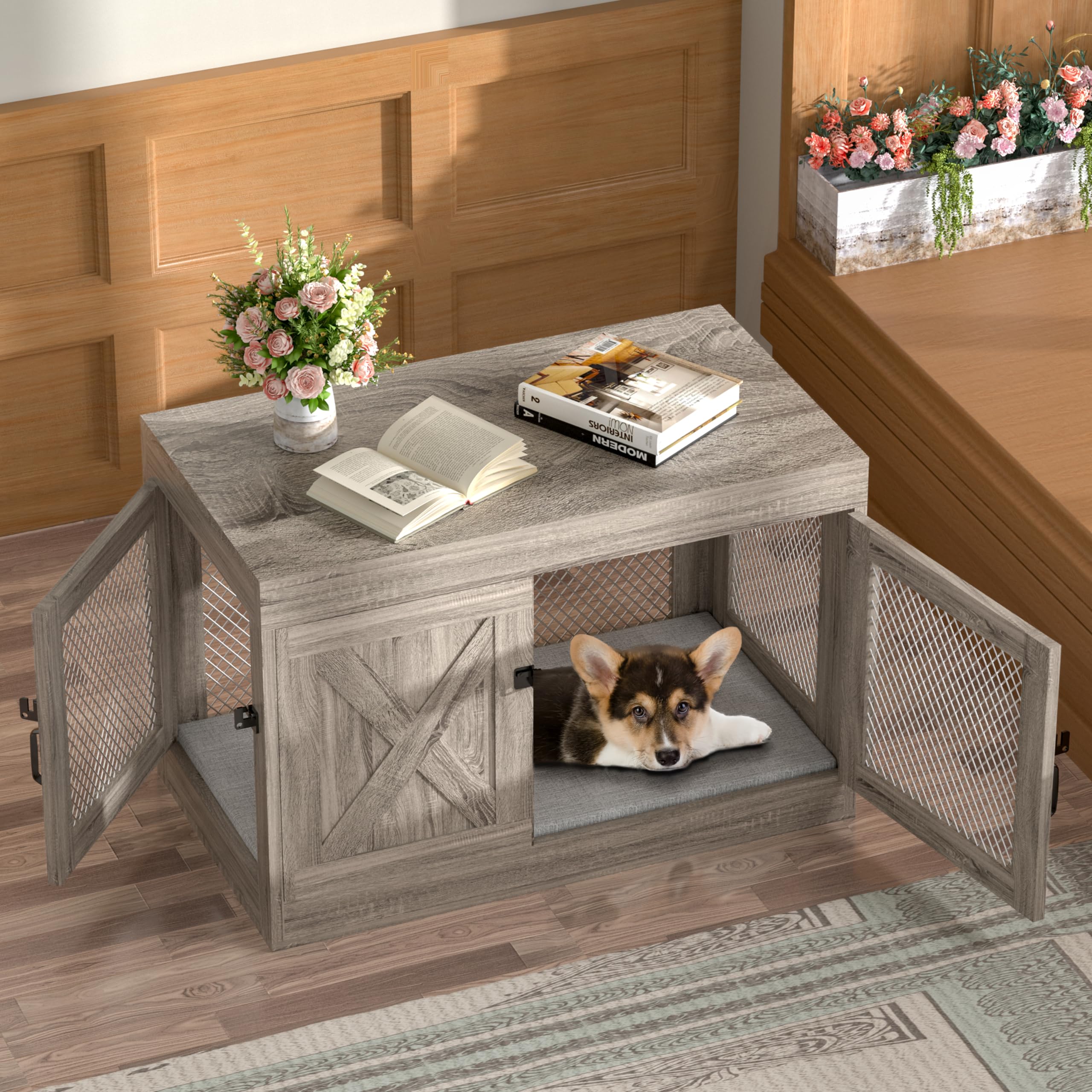Xilingol Corner Dog Crate Furniture With Double Doors, 36 Inch Wooden Dog Kennel End Table Indoor With Mesh, Cage/House For Small Medium Large Dog, Decorative Pet Crate Indoor Use, Grey