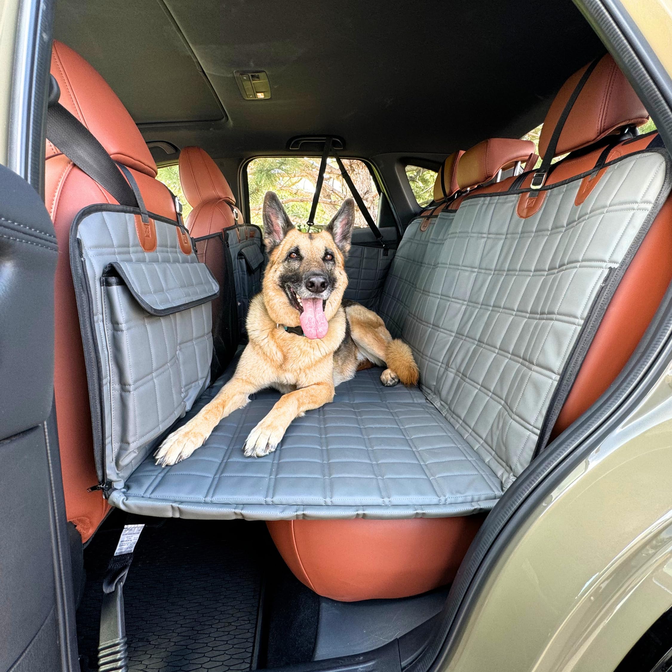 APetsPlanet Leather Backseat Extender for Dogs, 100% Waterproof Hard Bottom Dog Car Seat Cover, with Door Covers Seat Extender w