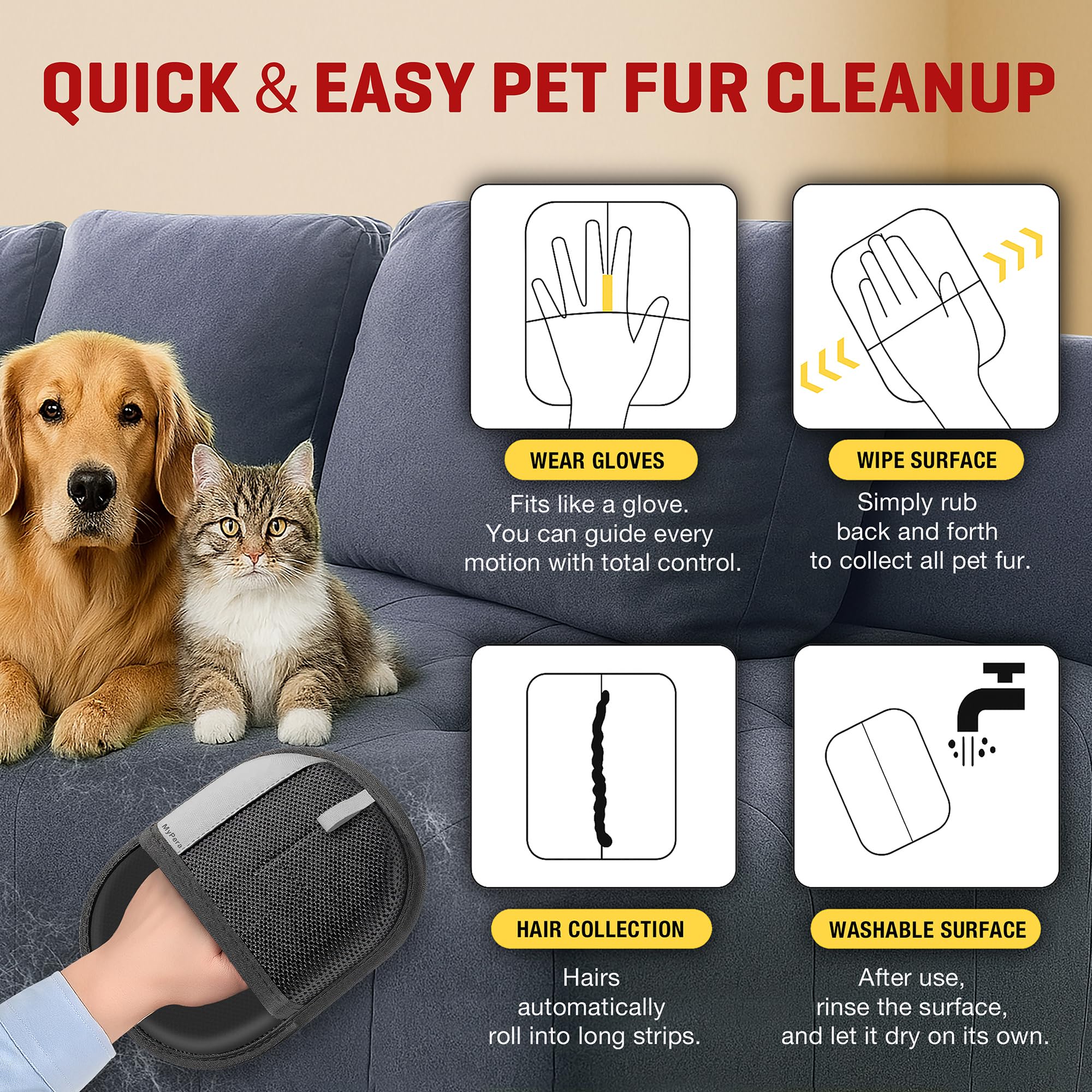 MyPera Pet Hair Remover Gloves for Cats & Dogs, Electrostatic Pet Hair Removal Gloves Brush for Pets Hair, Upgraded Animal Fur R