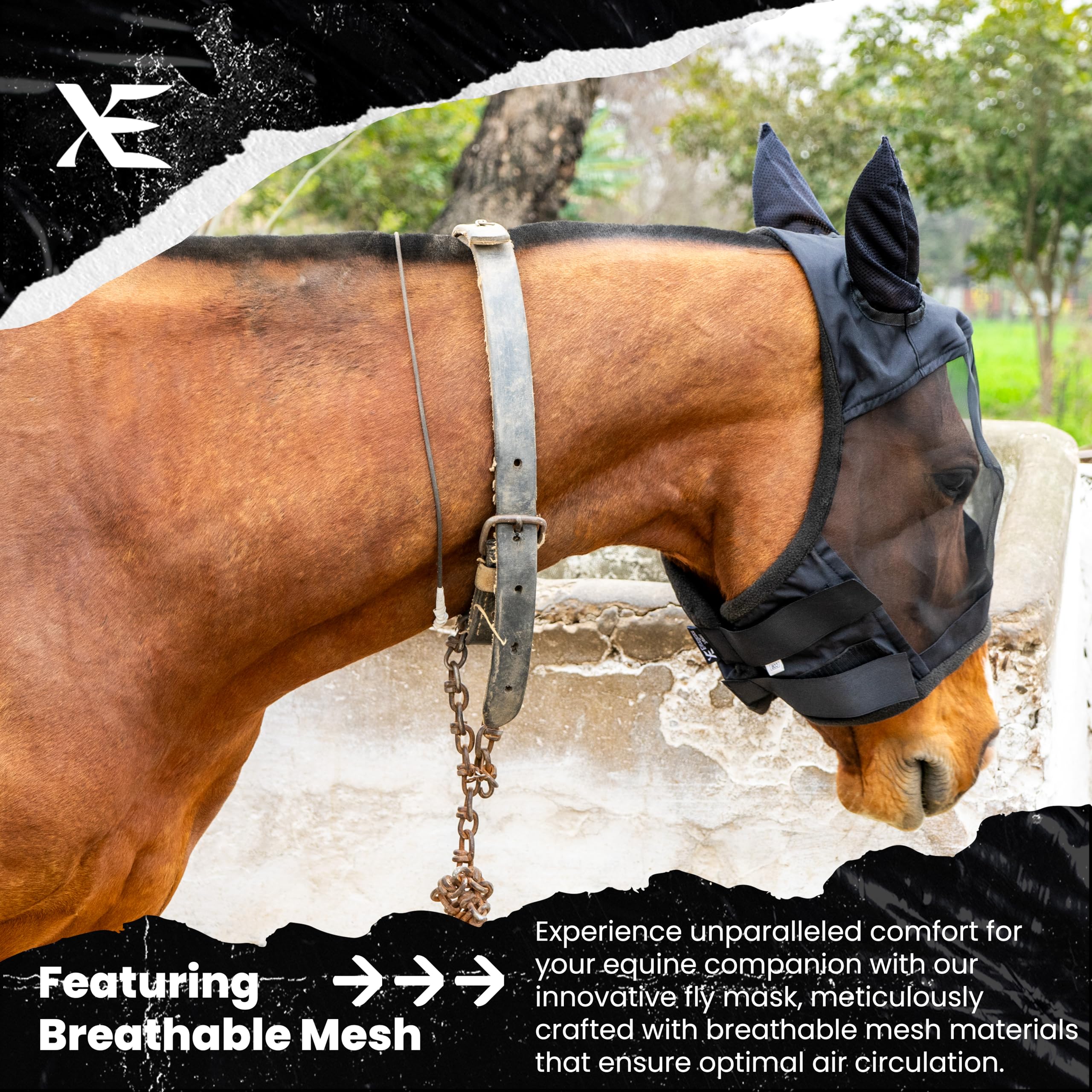 XE Horse Fly Mask with Ears -Breathable Mesh Horse Mask for UV Protection and Equine Fly, Standard Equestrian Black Horse Fly Ma
