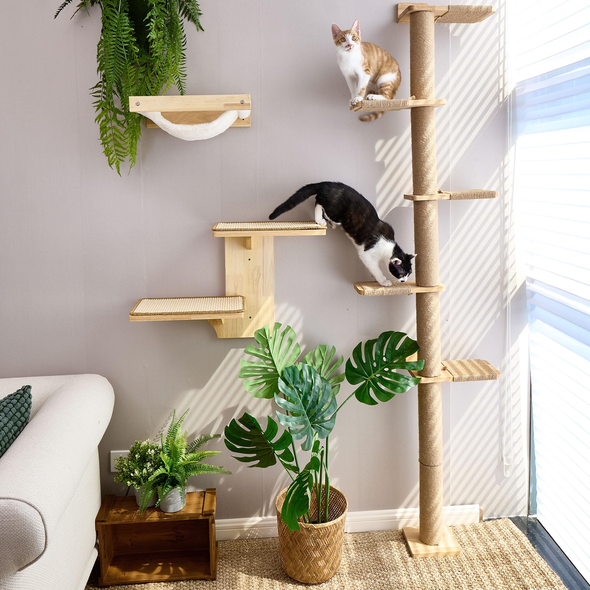 FUKUMARU Tall Cat Tree, 5 Tier Floor to Ceiling Cats Tower, Wall-Mounted Kitten Scratching Post, Wild Simulation Kittens Wall Sh