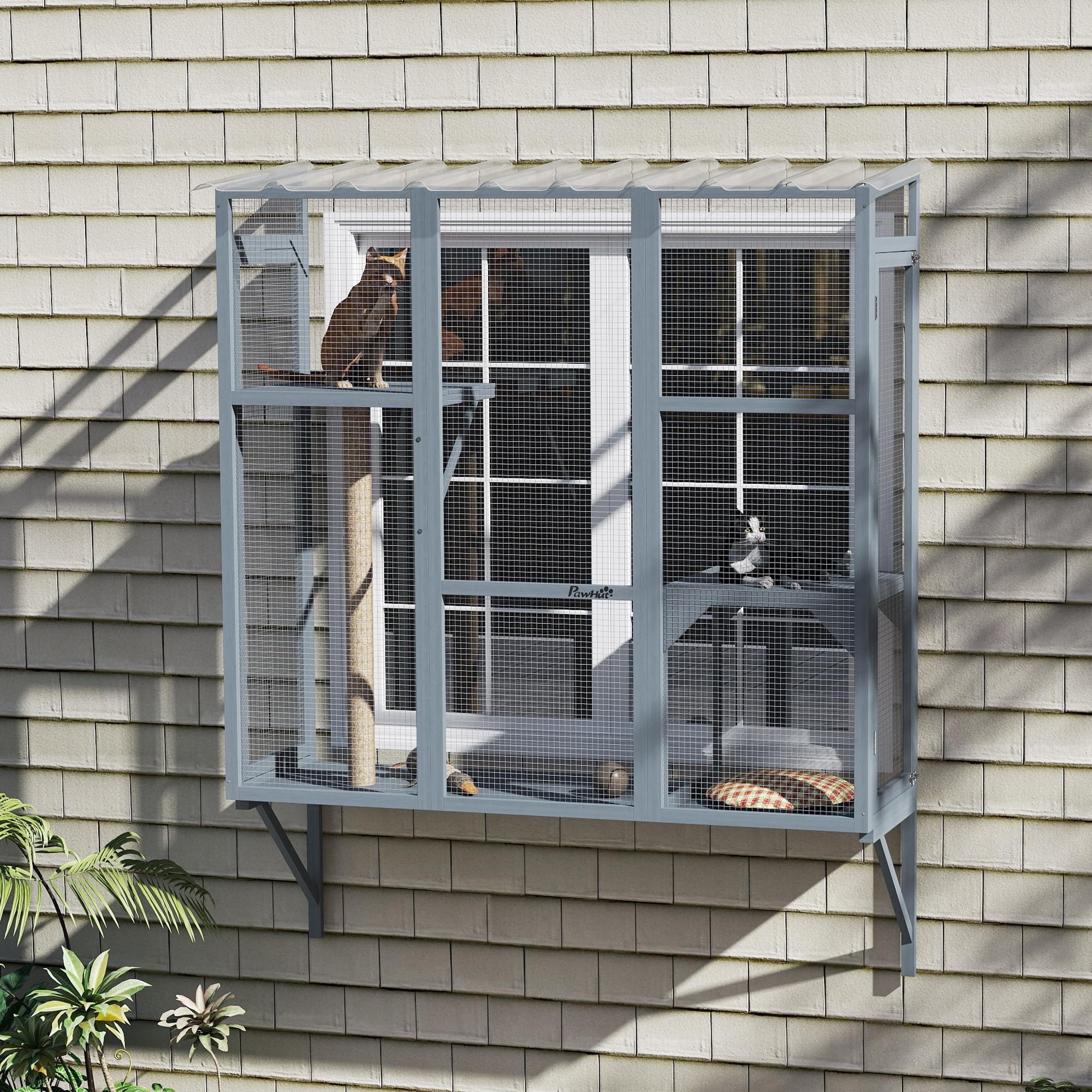 Pawhut Outdoor Catio, Cat Window Catio Box Enclosure For 2-3 Large Indoor Cats With 2 Jumping Platforms, Scratching Post, For Pl