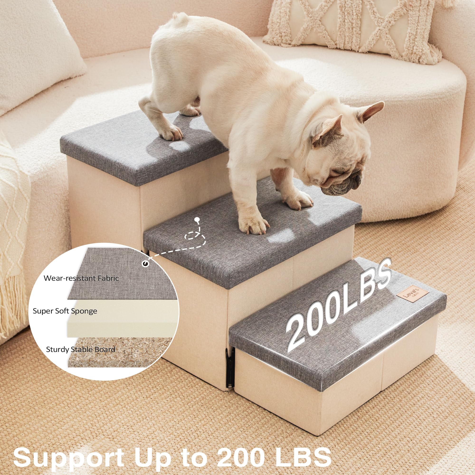 Love'S Cabin Dog Stairs For High Bed 18'H,Foldable Pet Stairs For Small Medium Or Large Dogs Puppy With Storage For Bed Or Couch, Cat Dog Steps Ramp With Zip Up To 210 Lbs(Light Grey,3 Steps No Condo)