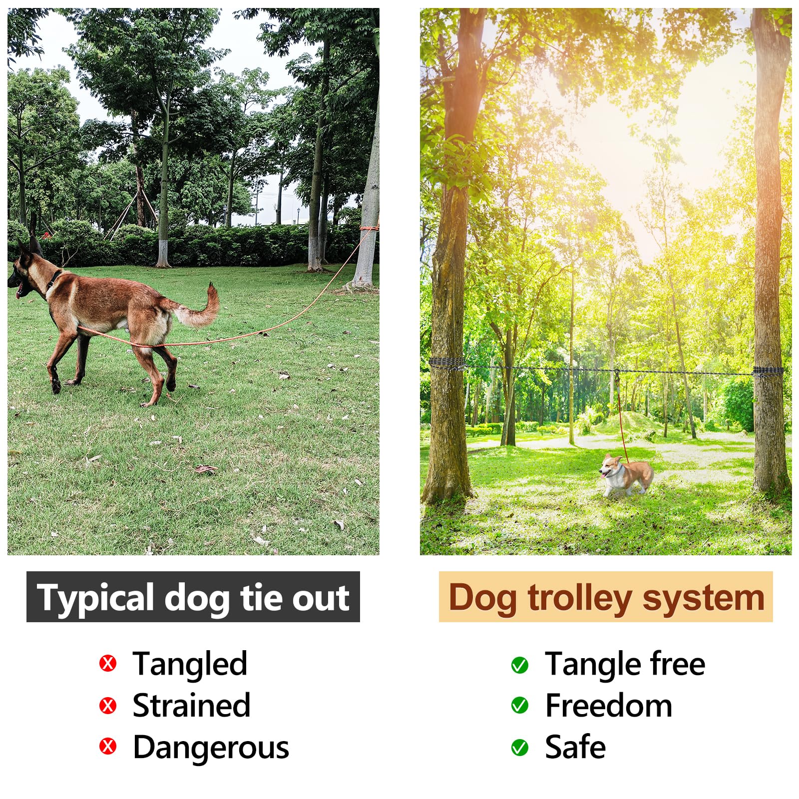 XiaZ 50ft Dog Camping Leash - Portable Overhead Trolley System for Dogs up to 200lbs, Black, Ideal for Camping, Parks, and Outdoor Events