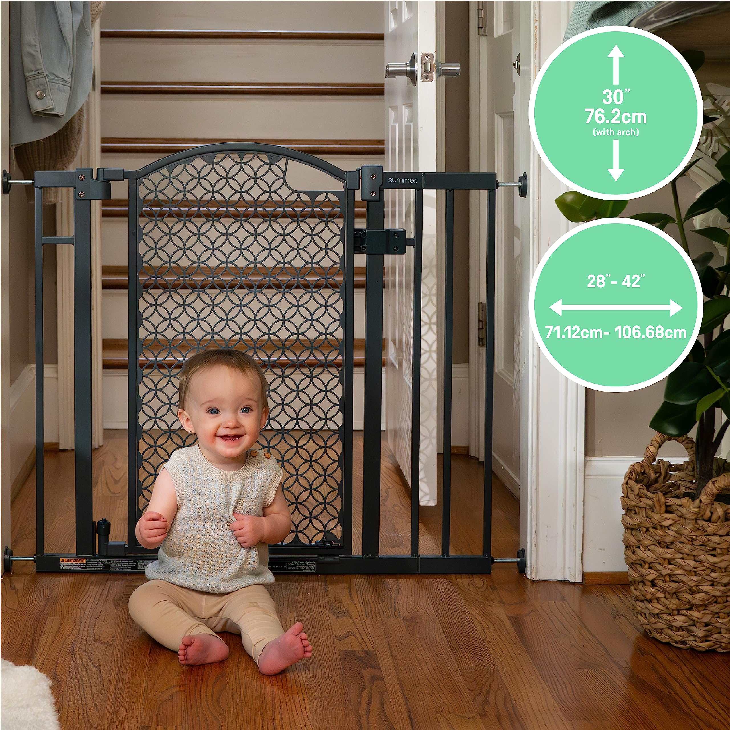 Summer Infant Modern Home Walk-Thru Safety Pet And Baby Gate, 28'-42' Wide, 30' Tall, Pressure Or Hardware Mounted, Install On Wall Or Banister In Doorway Or Stairway, Auto Close Door - Gray
