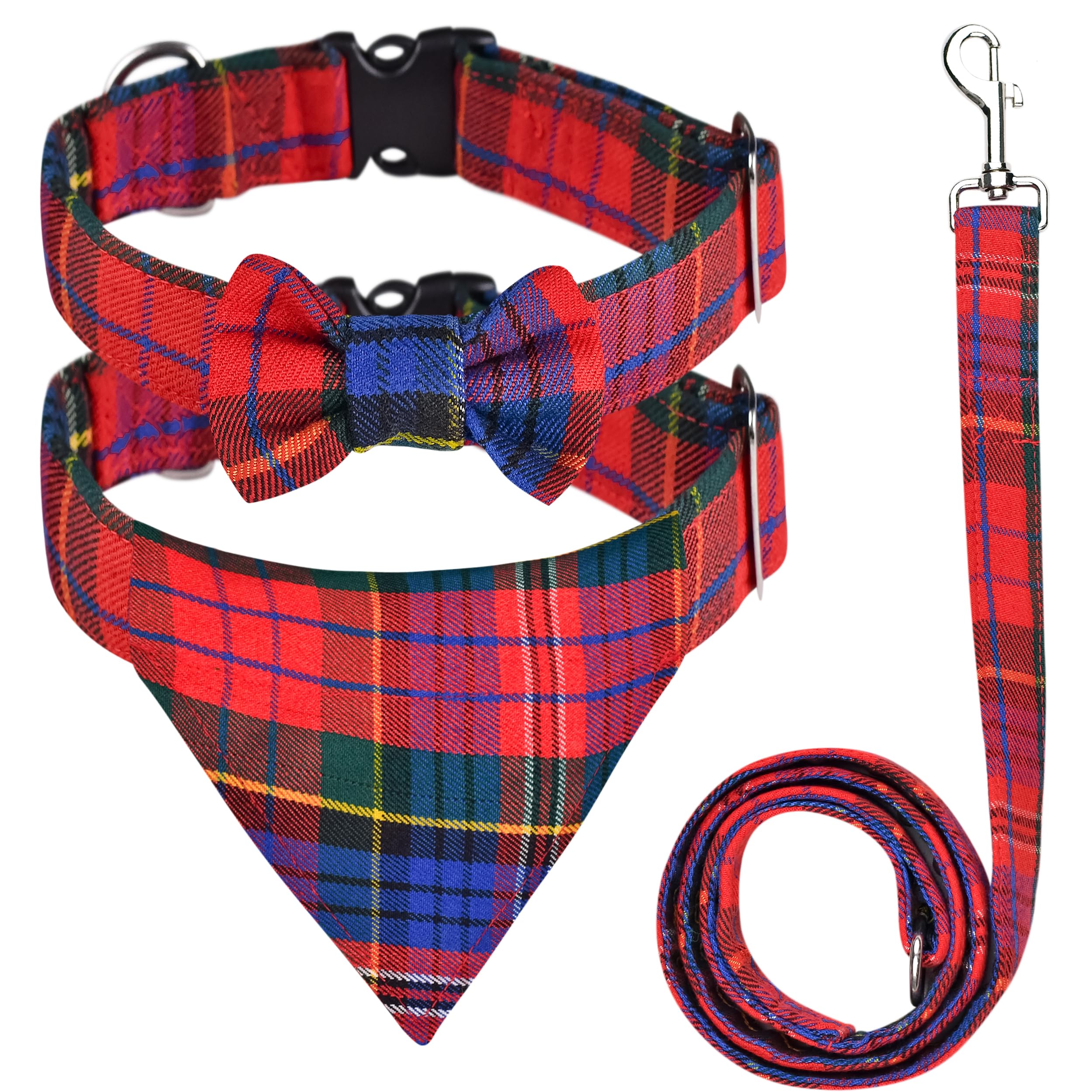 Dog Collar And Leash Set - Scottish Tartan Plaid Dog Bow Tie And Neckerchief, Tangle Free Leash Adjustable Collars Traditional S
