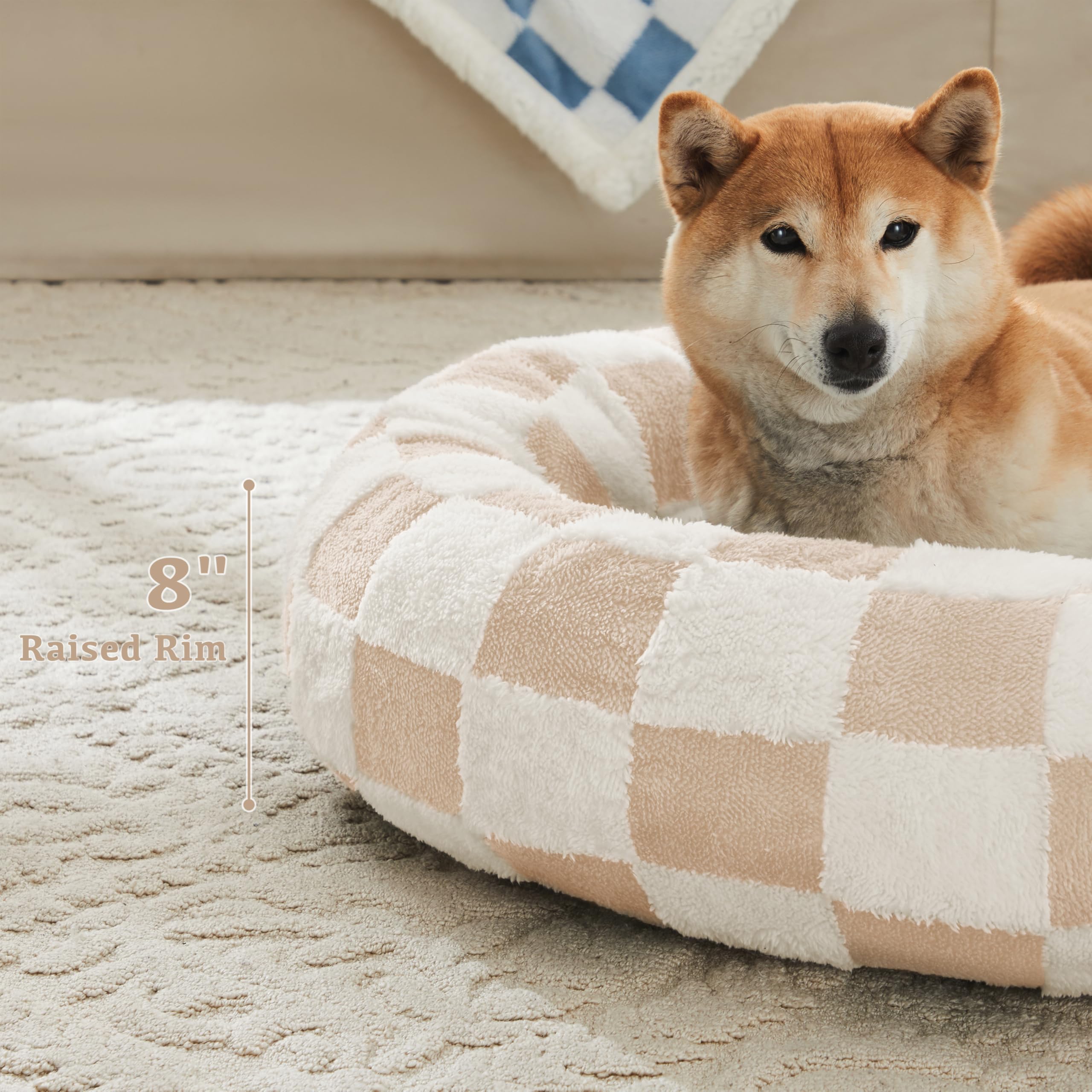 Ohocut Checkered Cat Dog Bed, Cute Beige Khaki Retro Style Aesthetic Round Warming Pet Calming Beds For Small Dog And Cats, Plus