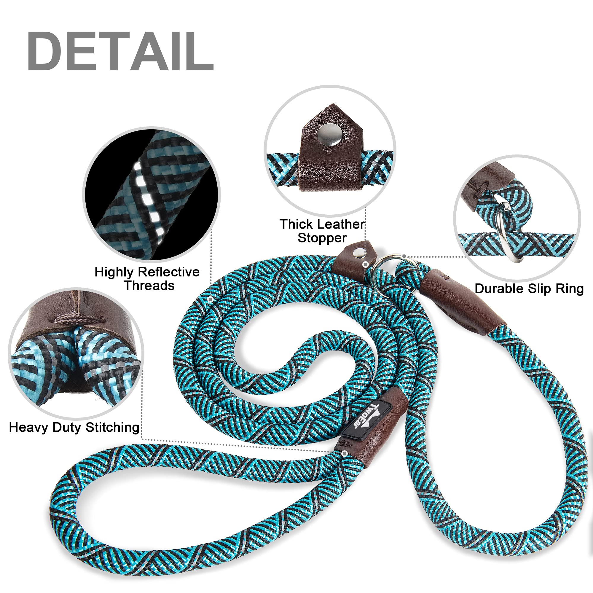 Twoear Dog Leash Dog Slip Rope Leash 6Ft Dog Training Leash Heavy Duty Strong Slip Lead Highly Reflective Threads For Small Medium And Large Dogs (Slim(3/8''X6Ft), Blue)