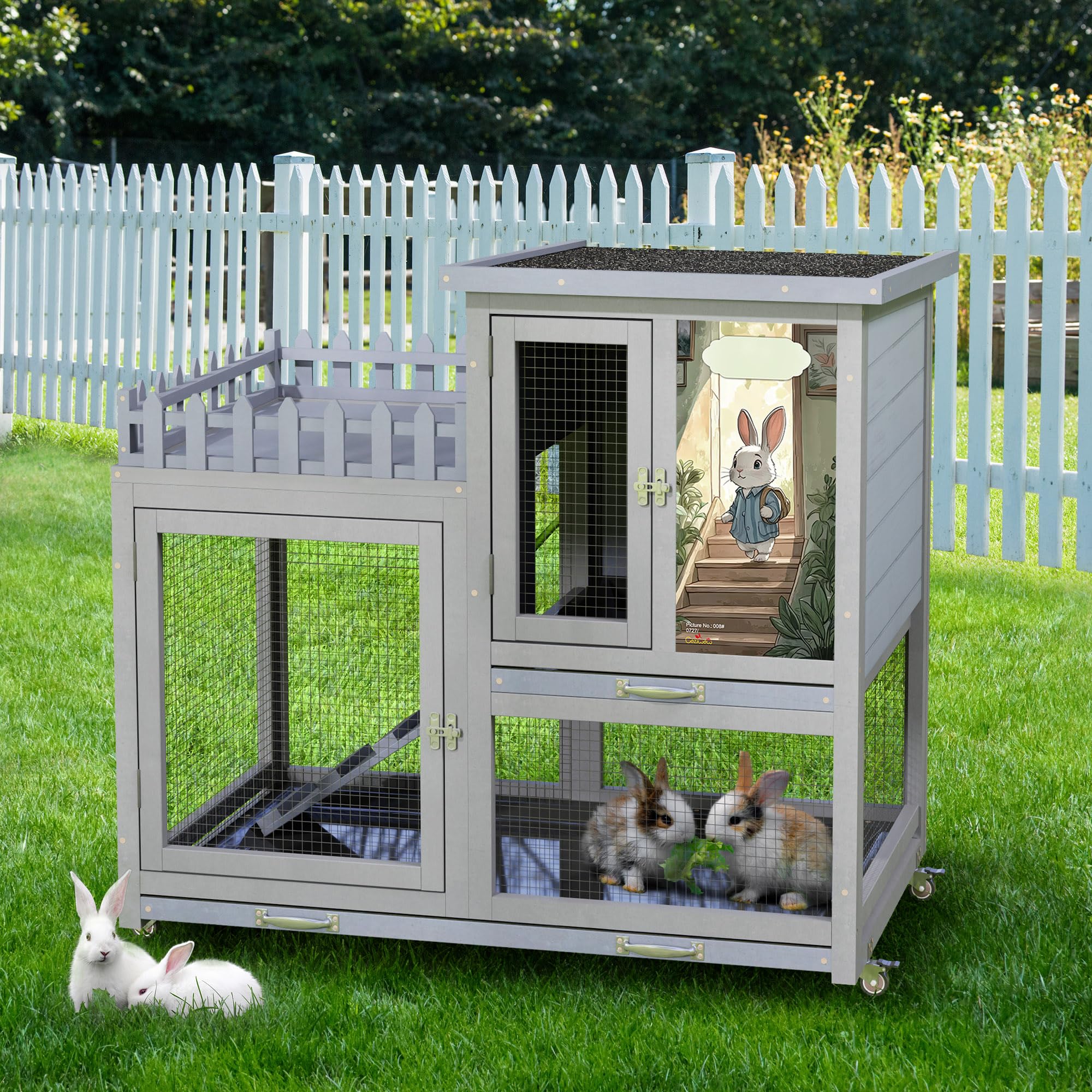 Coziwow Double Layers Durable 38In Rabbit Hutch Indoor On Wheels, Small Animal Houses Habitat, Rolling Large Bunny Cage Outdoor 
