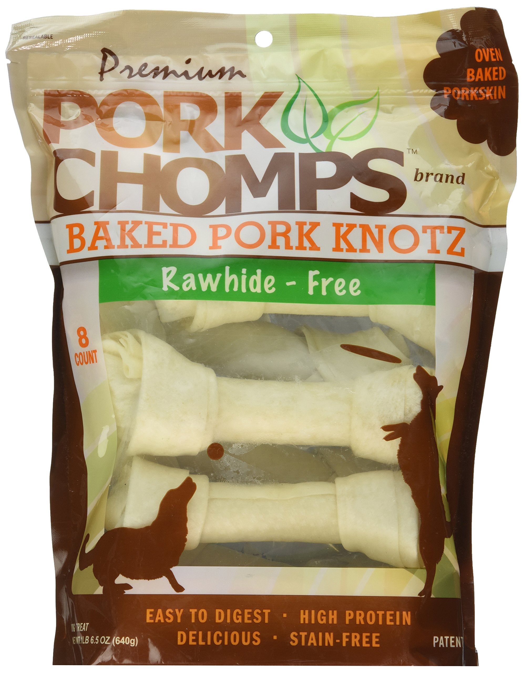 Pork Chomps Baked Pork Skin Dog Chews, 7-inch Knots, 8 Count