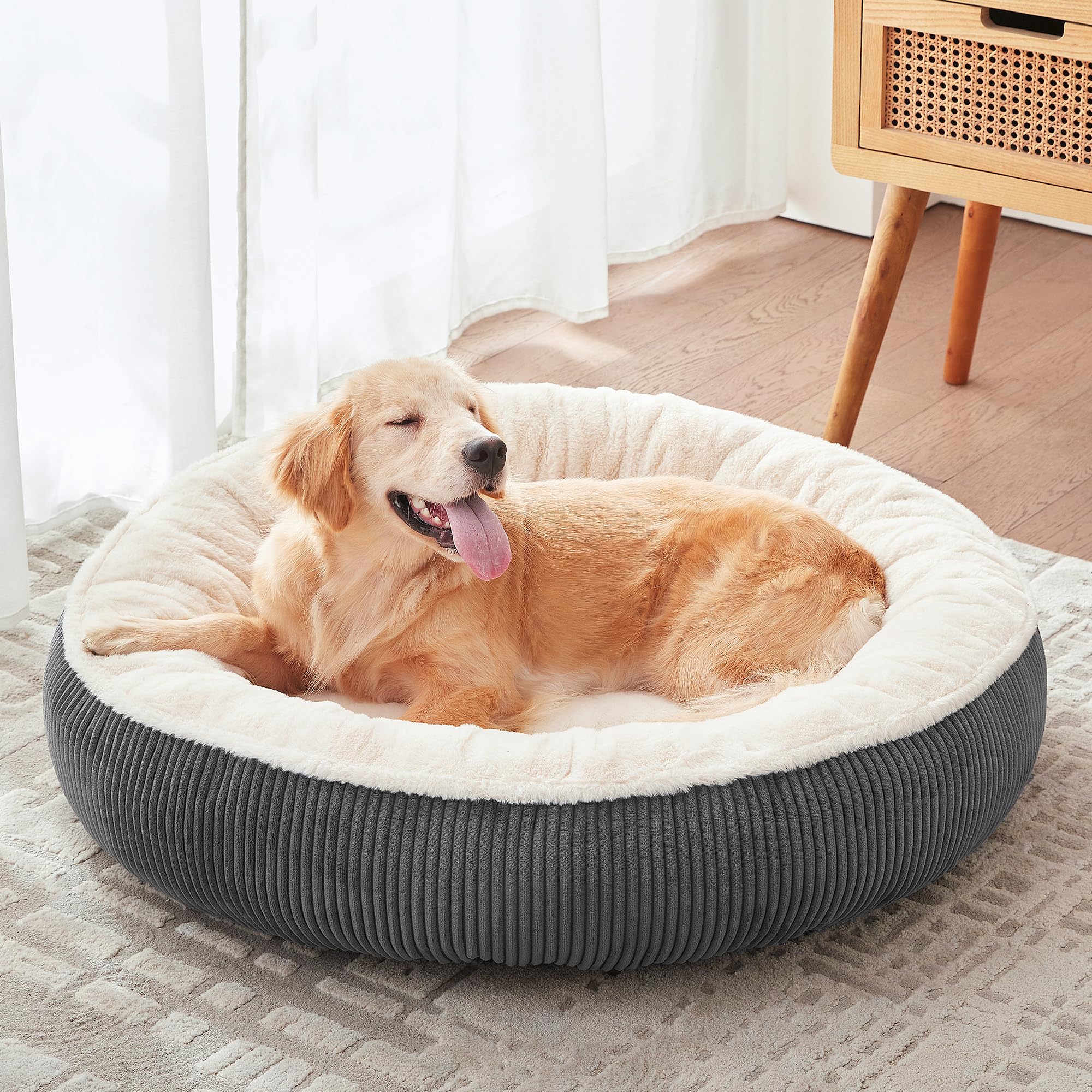 BedStill 36 inches Donut Dog Bed for Large Dogs - Calming Round Pet Bed with Removable&Washable Cover, Plush Faux Fur & Corduroy