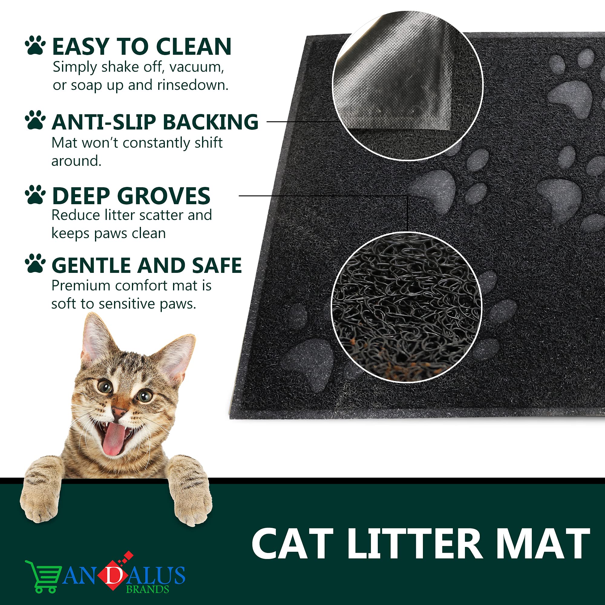 Andalus Premium Cat Litter Mat Pack Of 1-100% Waterproof With Non-Slip Backing Of Litter Box Mat - Soft On Kitty Paws & Easy To Clean Cat Mats For Litter - Black, Medium (23.5' X 15.75')