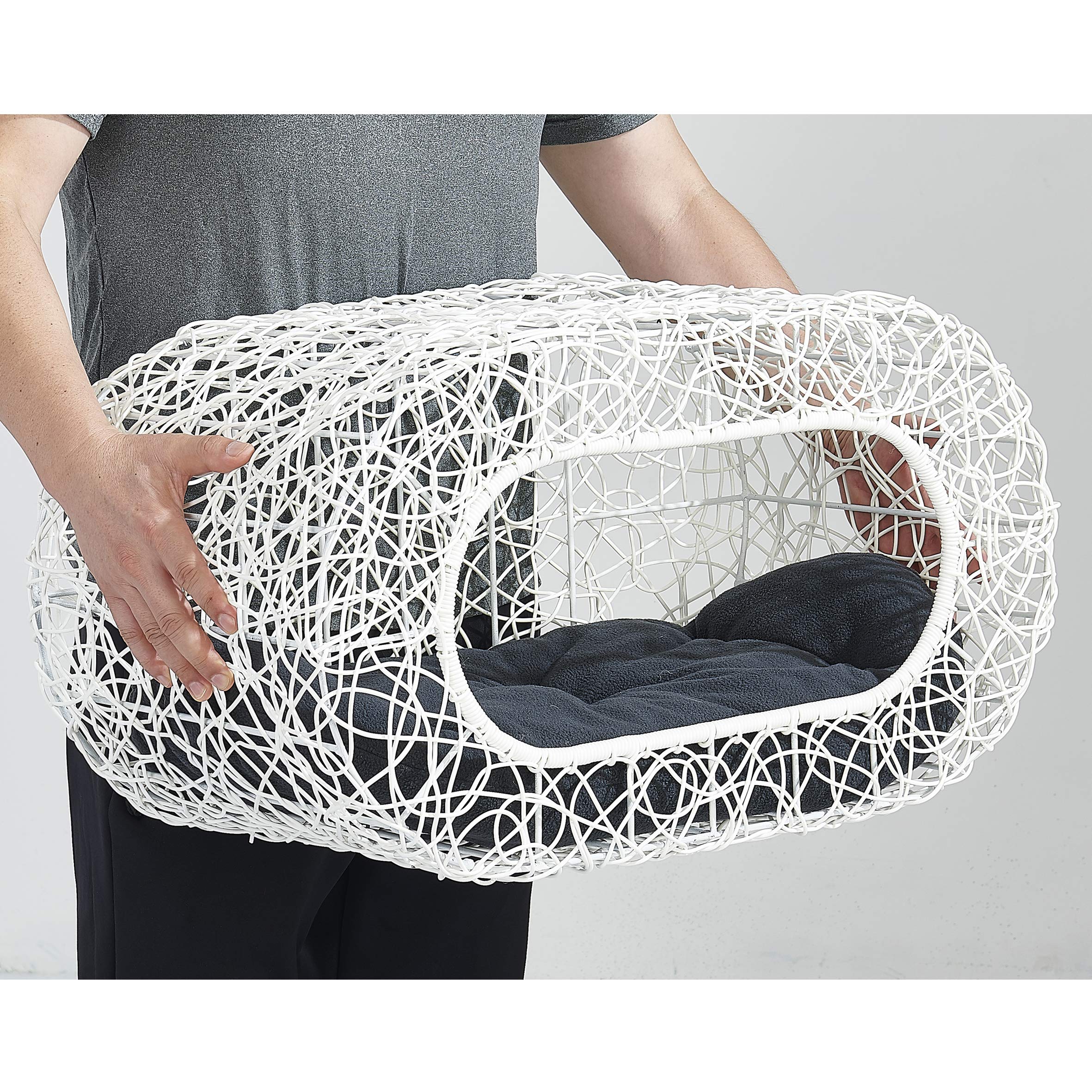 D+Garden Fun Stackable White Cat Condo For Indoor Cats - Interactive Play Rattan Modern Cat House For Indoor Cats Kitty, Pet Fri