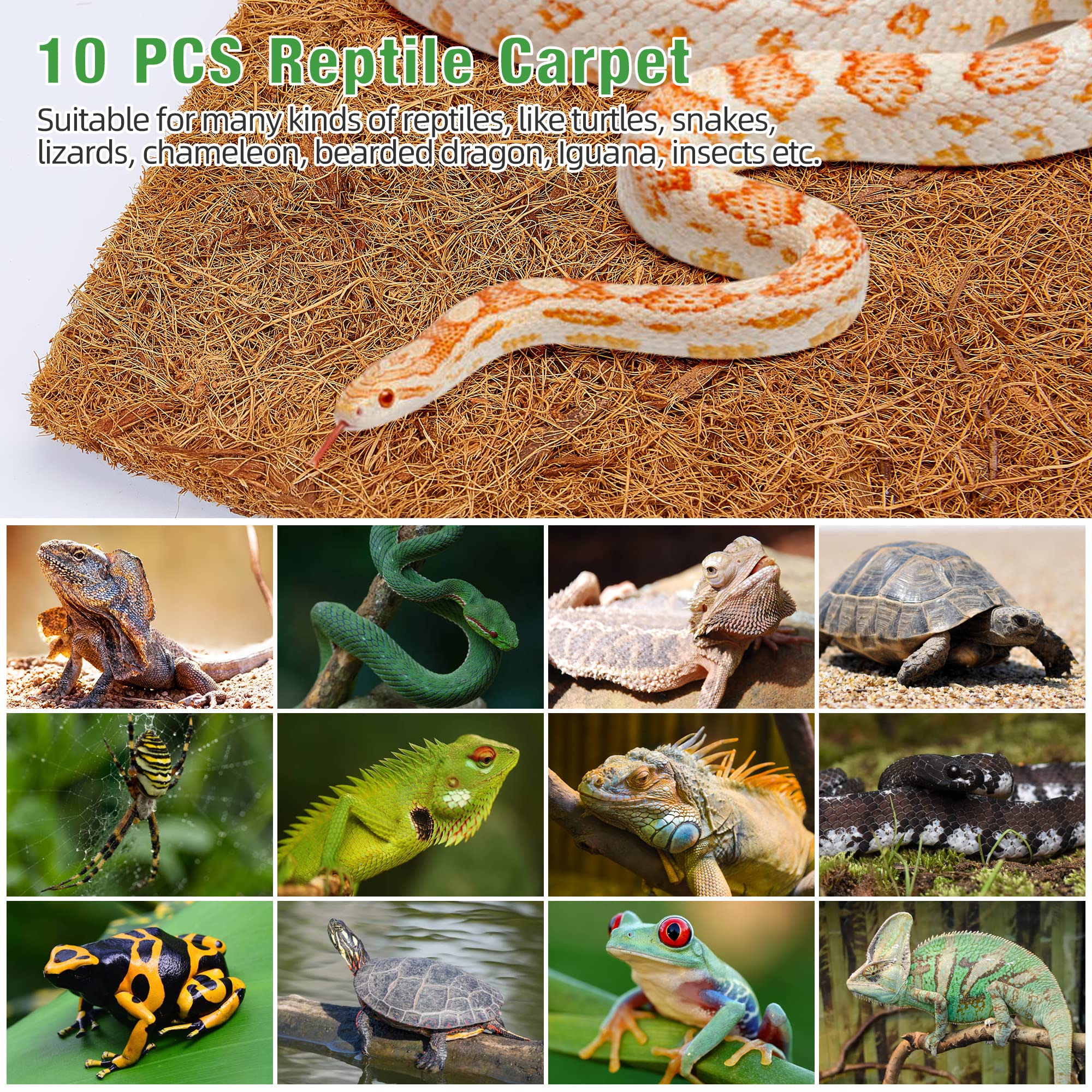 ZeeDix 10 Pieces Reptile Carpet- 12 x 12 inches Natural Coconut Fiber Pet Mat Tortoise Carpet Mat Coco Fiber Substrate Liner Pet