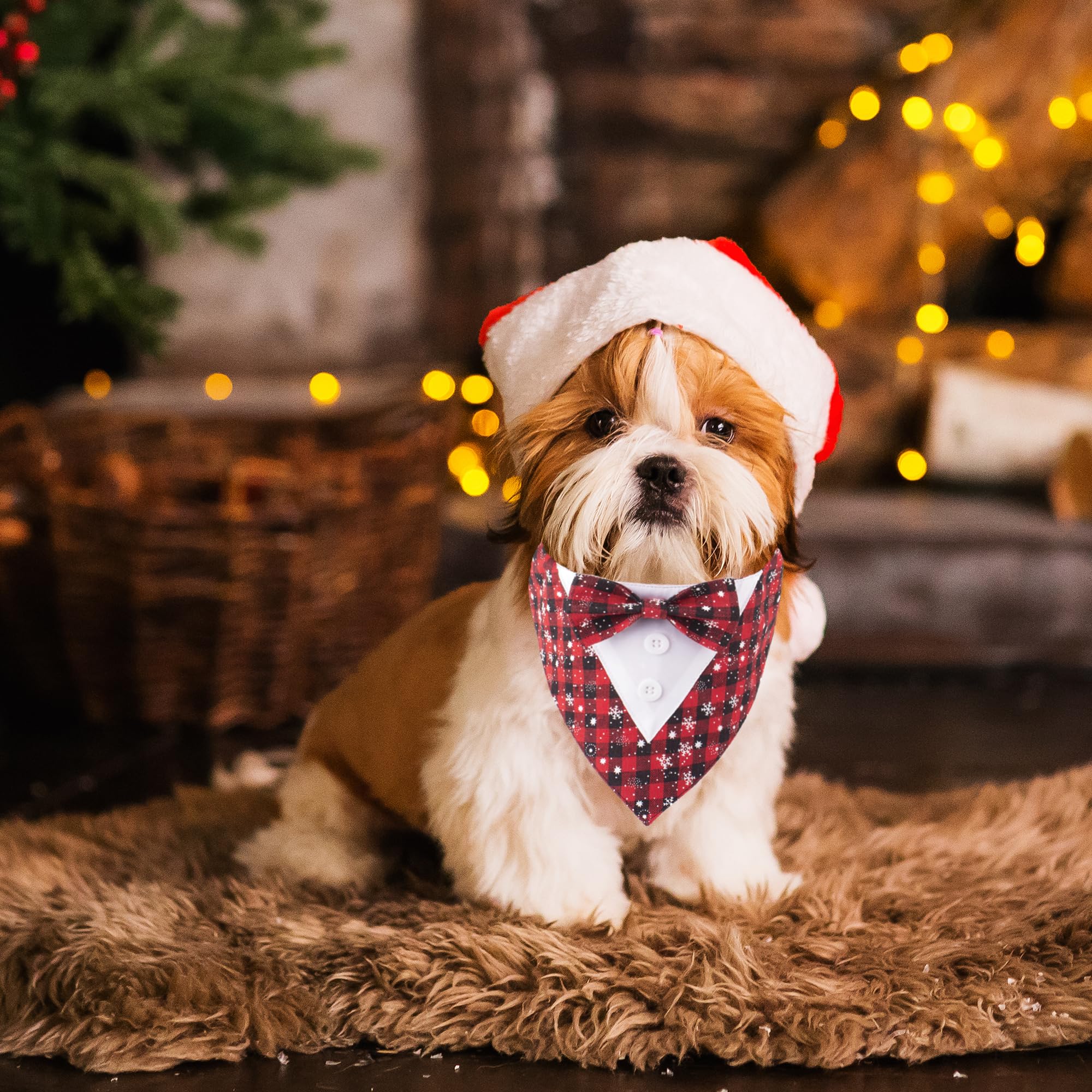 Adoggygo Christmas Dog Tuxedo Bandana, Red Plaid Pet Chritstmas Tux With Bowtie Adjustable Christmas Formal Costume For X-Small