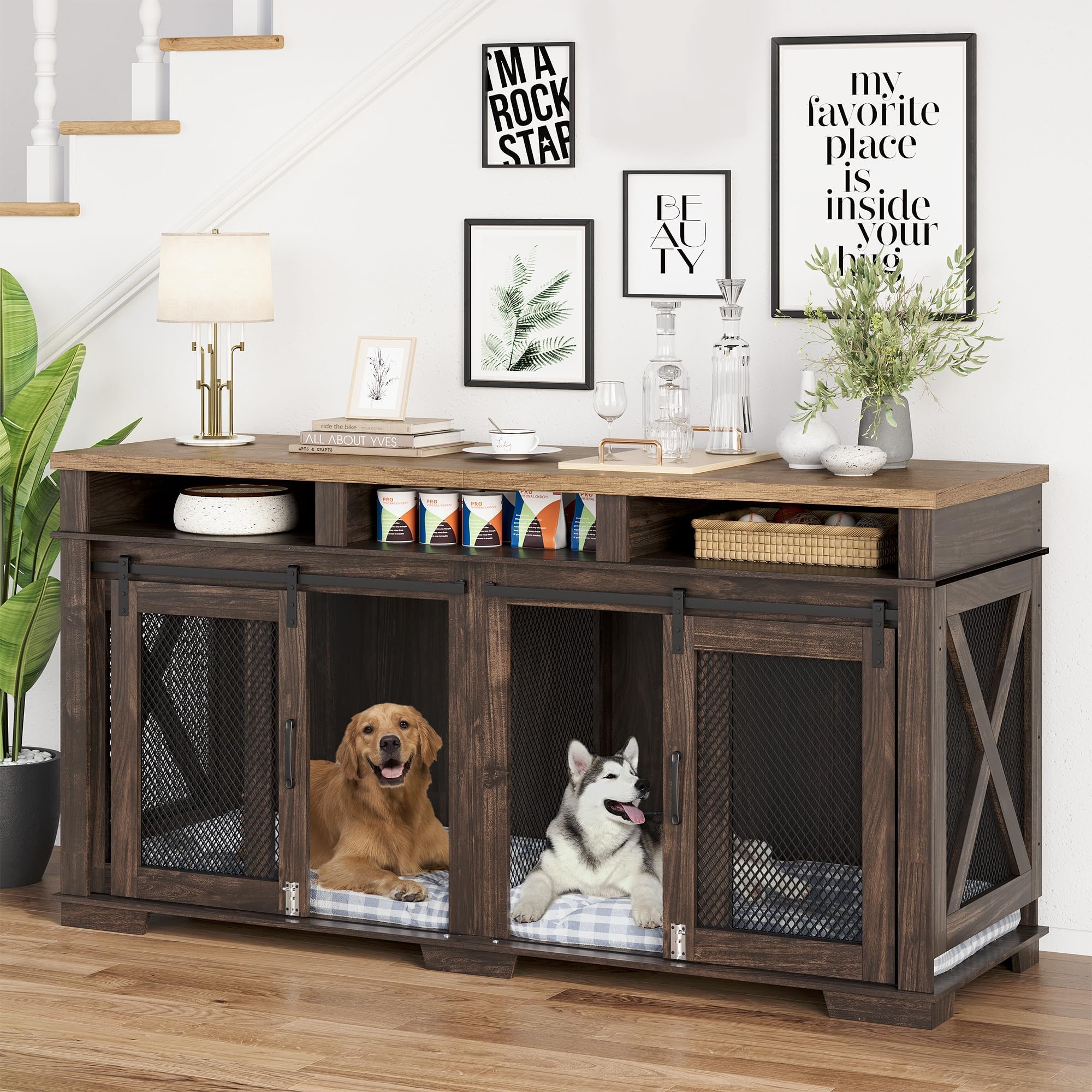 71 Dog Crate Furniture, Furniture Style Double Dog Crate Table Indoor TV Stand, Double Dog Kennel Furniture with 3 Storages and 