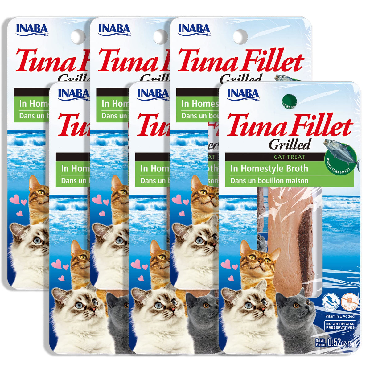 Inaba Natural, Premium Hand-Cut Grilled Tuna Fillet Cat Treats/Topper/Complement With Vitamin E And Green Tea Extract, 0.52 Ounces Each, Pack Of 6, Homestyle Broth