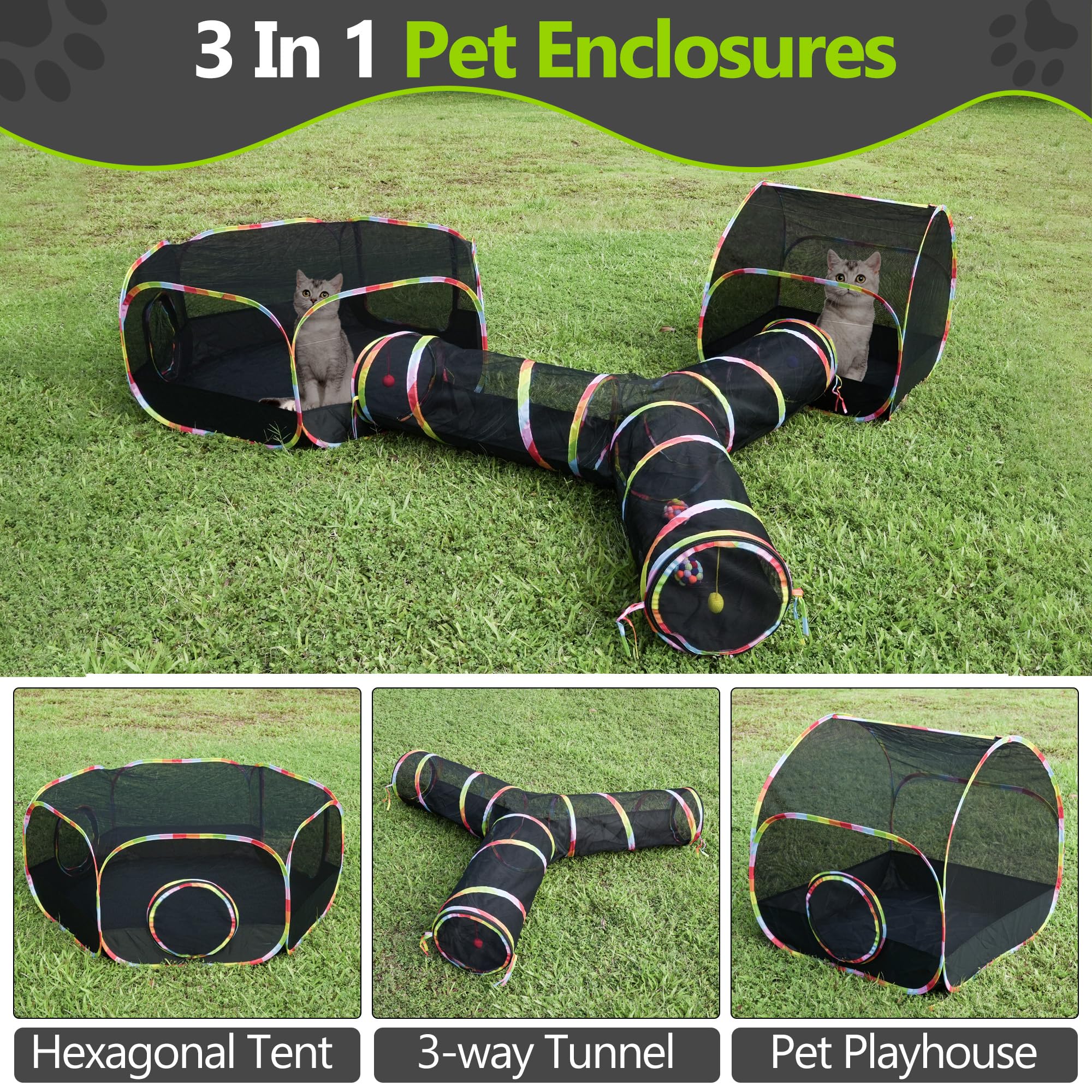 Naielfopet Outdoor Cat Enclosure With Cat Tunnel, Tent, Playhouse And Cat Toy Ball With Bell - Portable Indoor/Outdoor Playpen F
