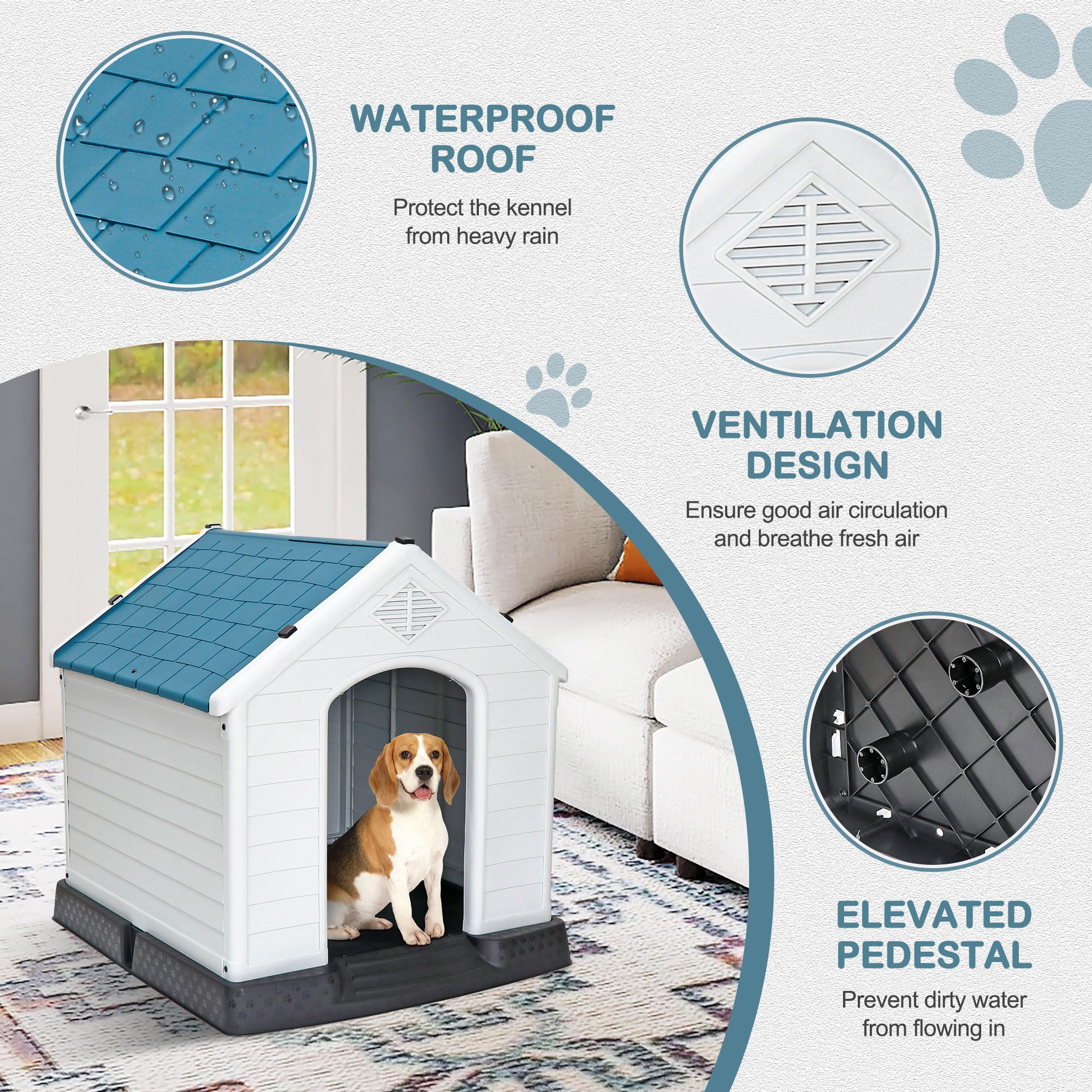 Large Dog House Indoor Outdoor Plastic Durable Dog House Insulated Puppy Shelter With Air Vents Elevated Floor (Blue, 28Inch)