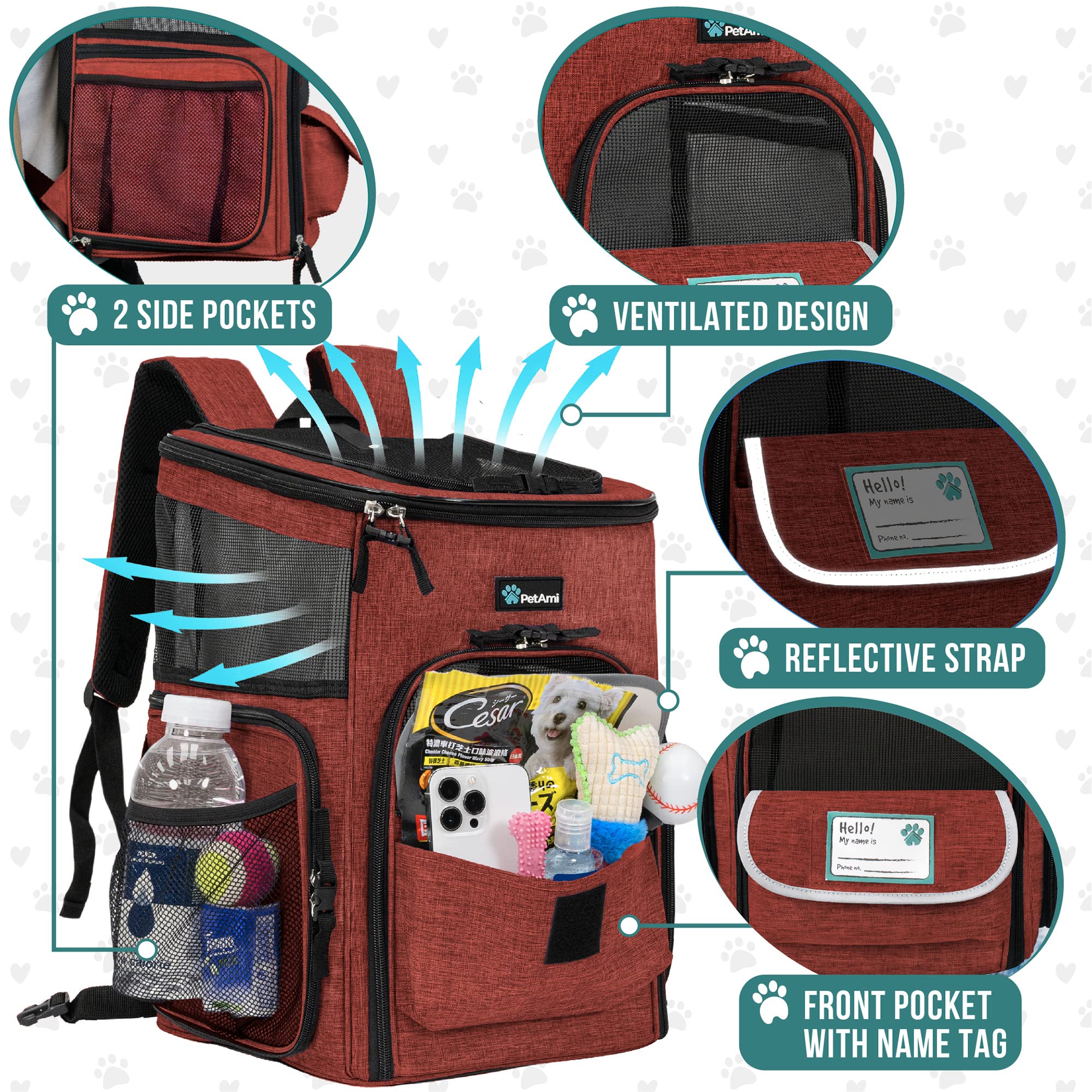 Petami Dog Backpack Carrier, Airline Approved Cat Backpacks For Carrying Small Large Cats, Pet Carrier Back Pack, Ventilated Soft Sided Dog Cat Bookbag For Travel, Hiking, Camping, Red