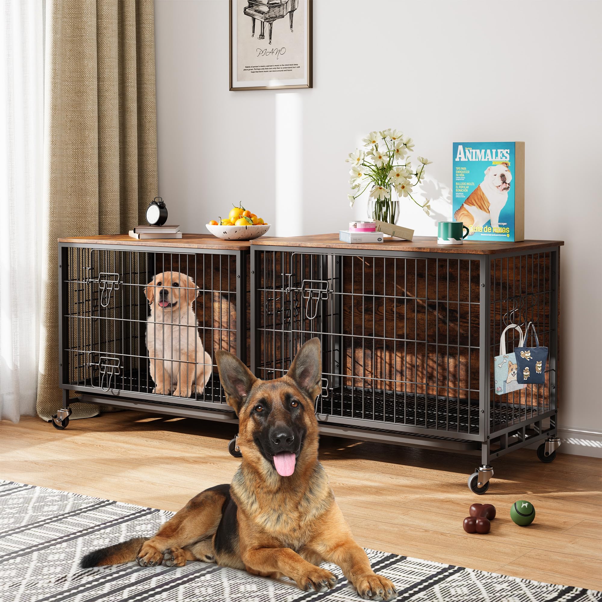 Large Dog Crate Furniture, Wooden Dog Kennel Indoor, Heavy Duty Metal Dog Cage End Table, Double-Layer Furniture-Style Dog Bed,