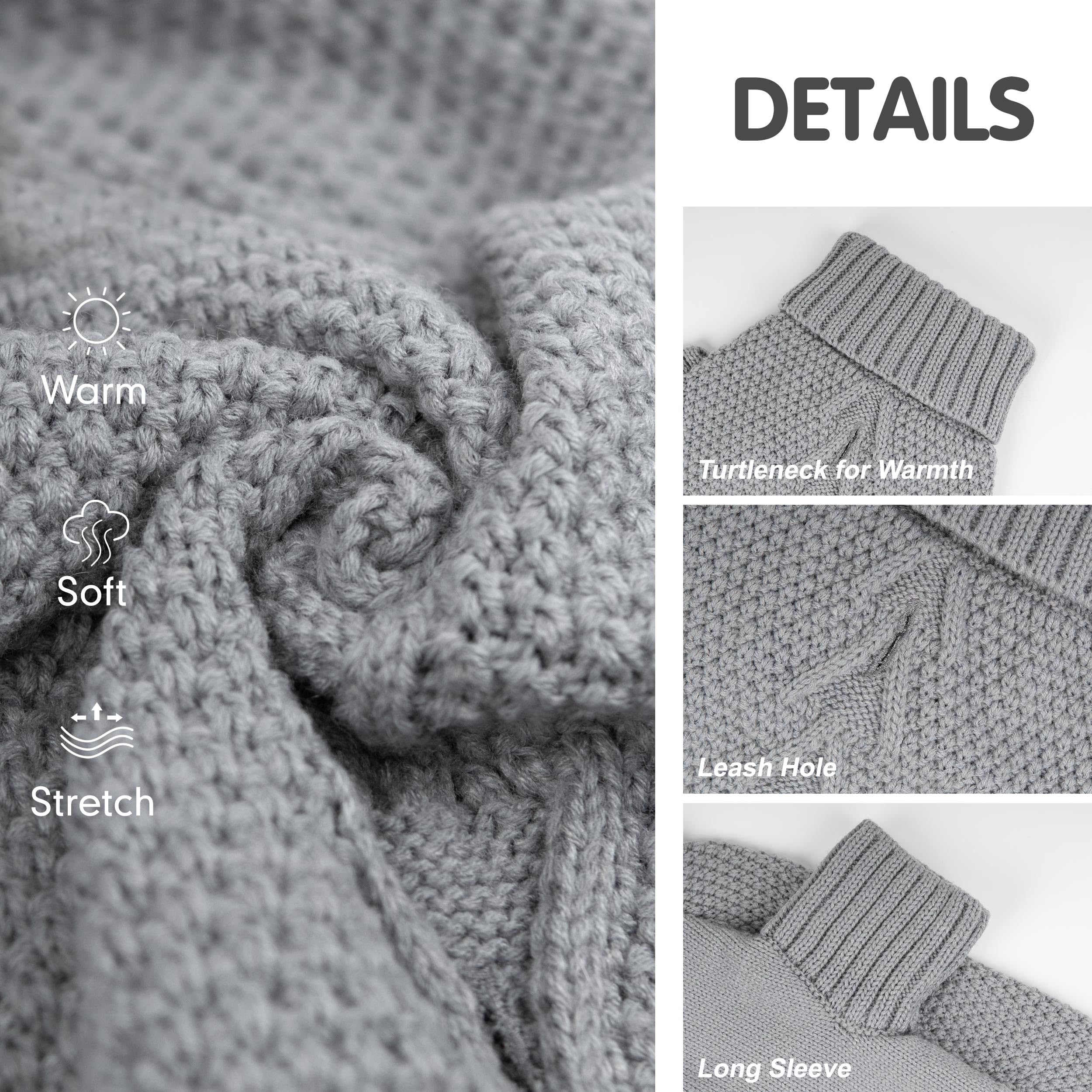 cyeollo Turtleneck Dog Sweater Knitted Cable Sweaters with Leash Hole Winter Pet Clothes Pet Small Dog Sweaters, Grey XL